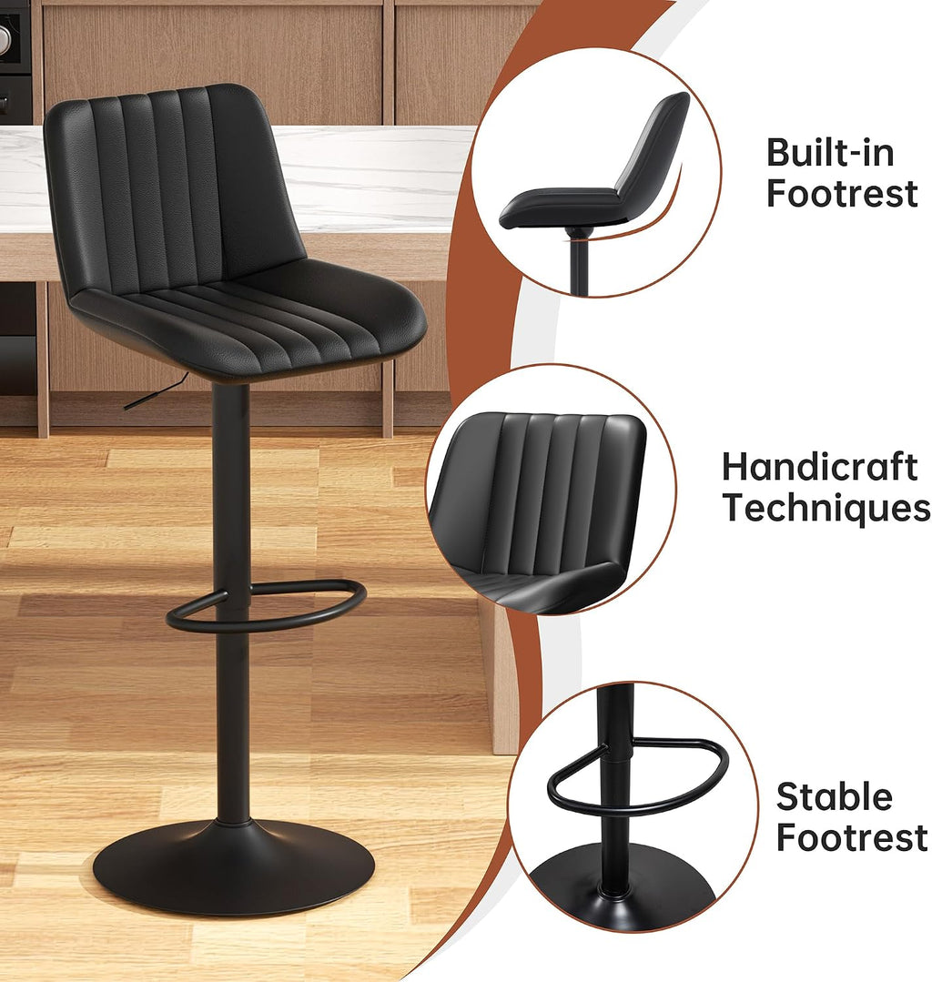 Black Adjustable Swivel Leather Bar Stools Set of 2