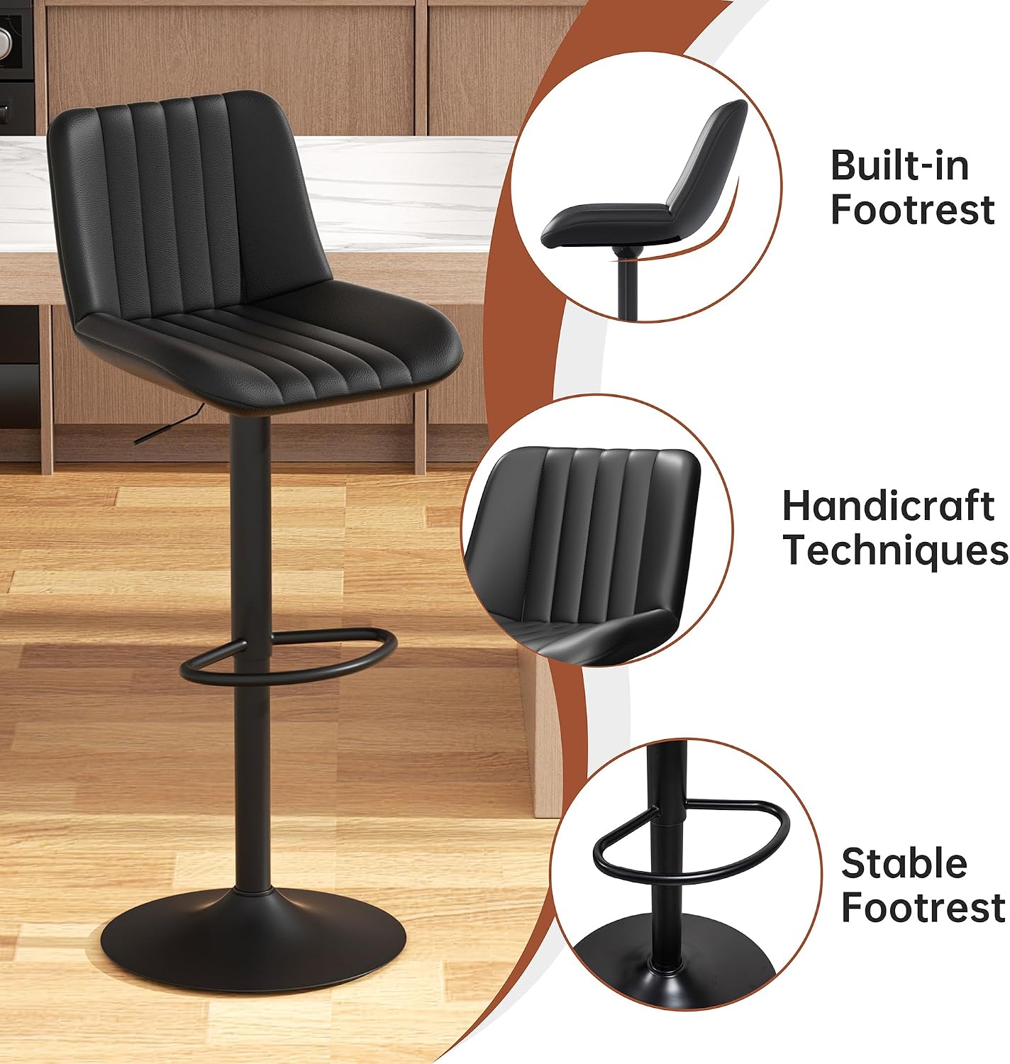 Black Adjustable Swivel Leather Bar Stools Set of 2