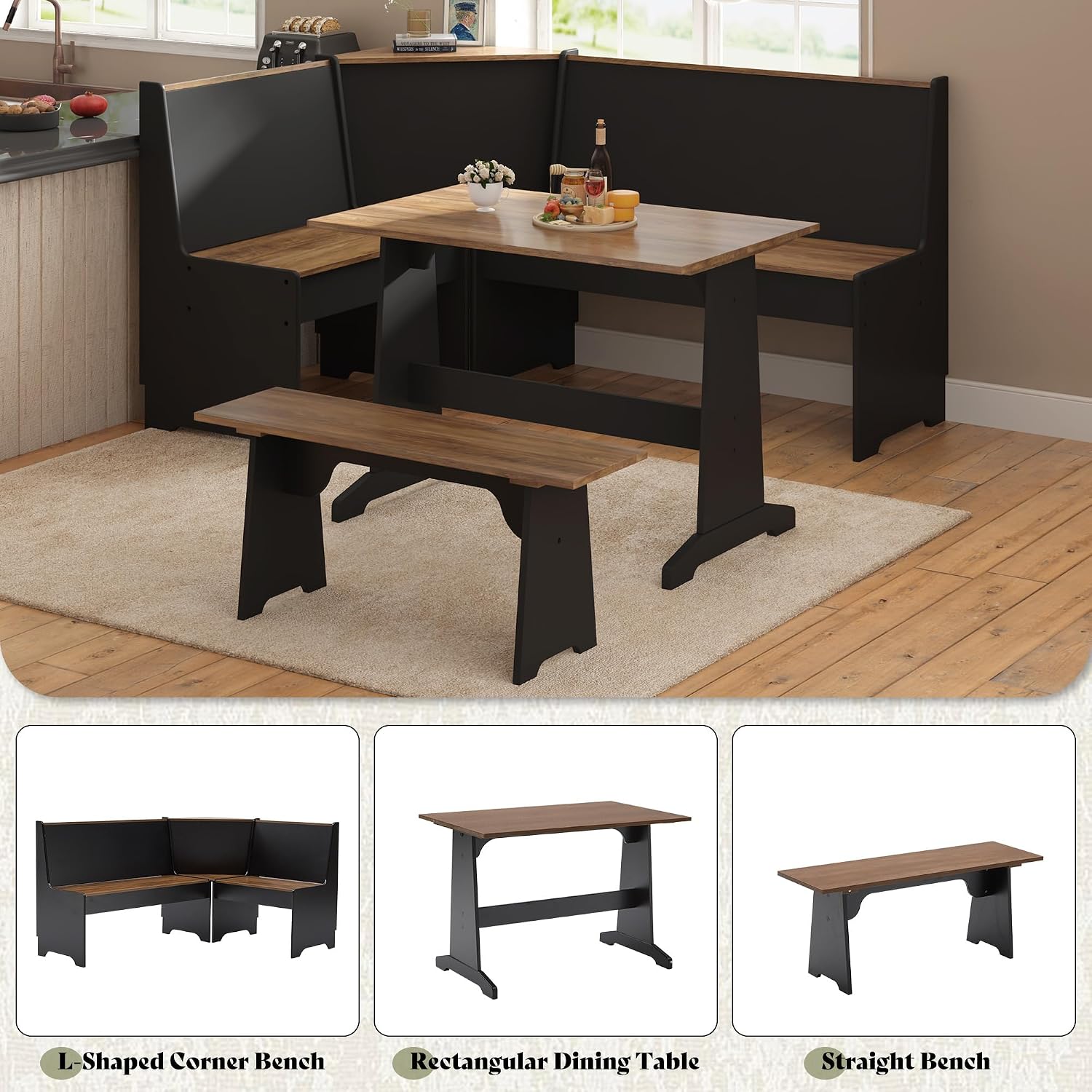 Black Oak 3pc Storage Dining Nook Set