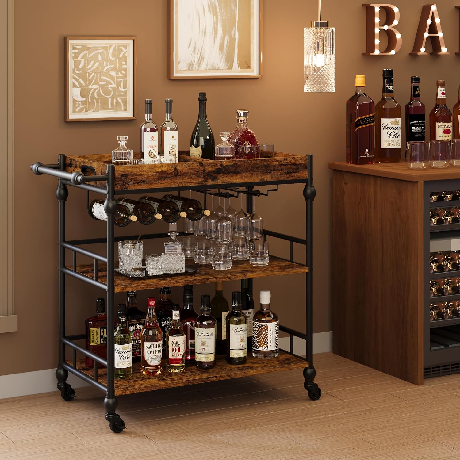 Rustic Brown Rolling Bar Cart