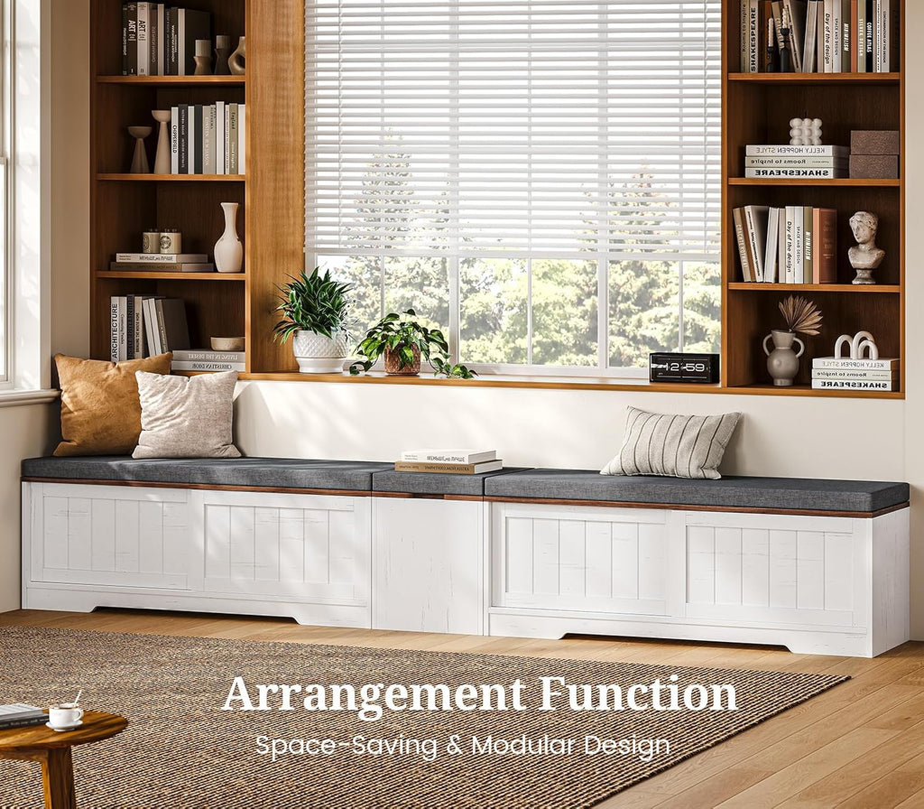 White Brown Farmhouse L-Shaped Storage Bench