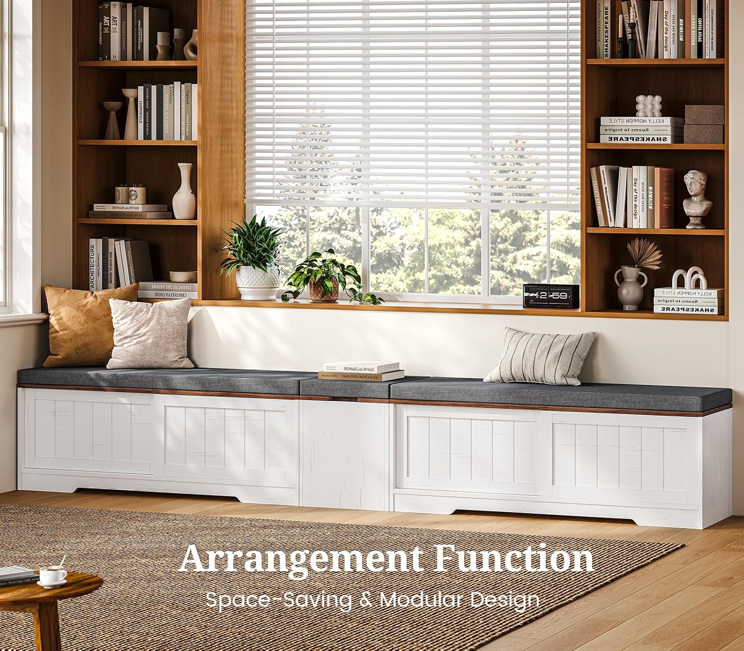 White Brown Farmhouse L-Shaped Storage Bench