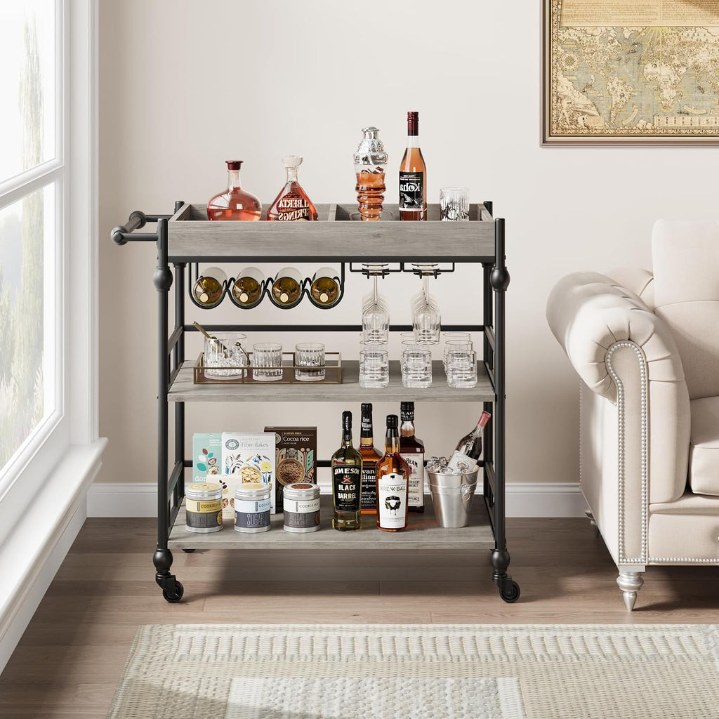 Grey Rolling 3-Tier Bar Cart