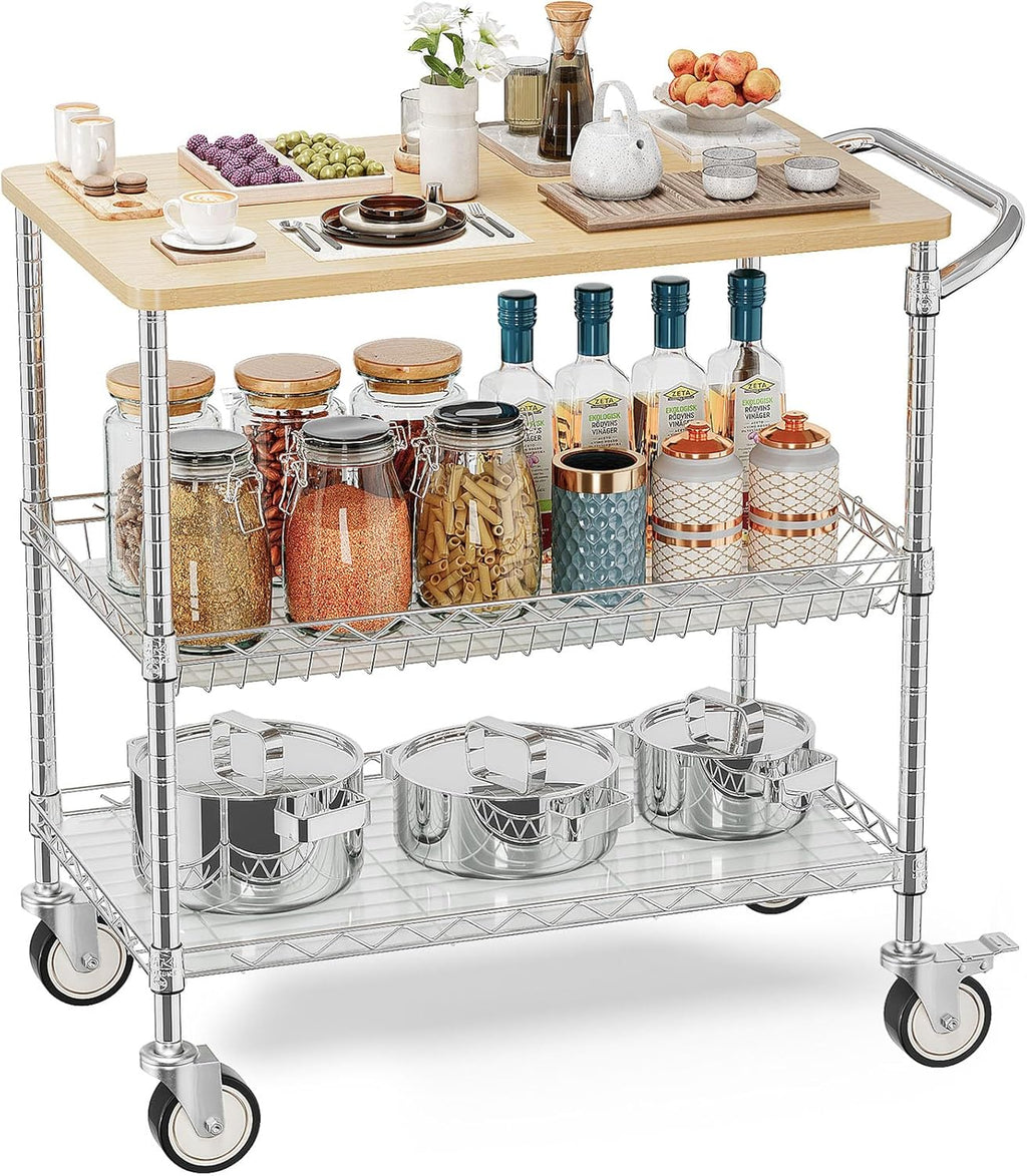 Chrome Rolling 3-Tier Kitchen Cart