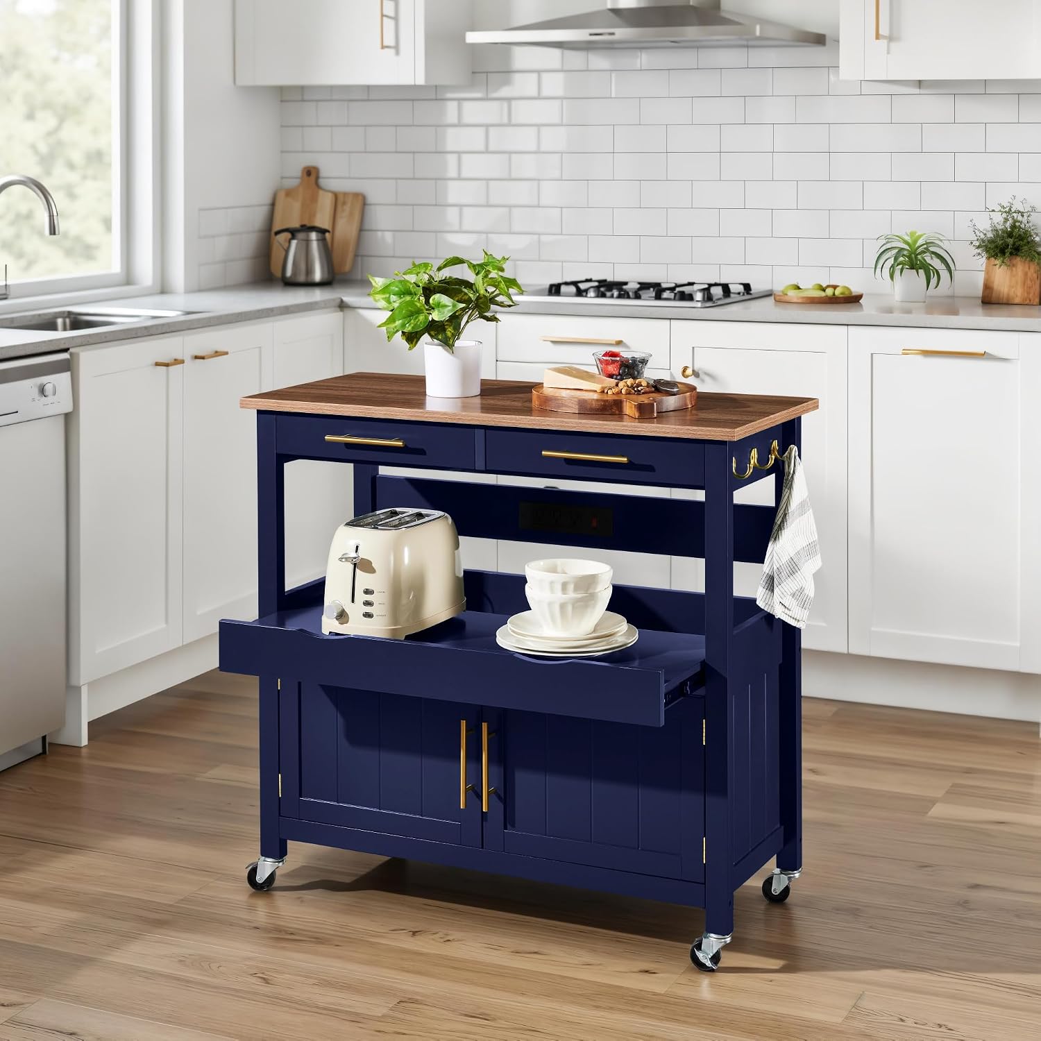 36in Midnight Blue Rolling Kitchen Island Cart