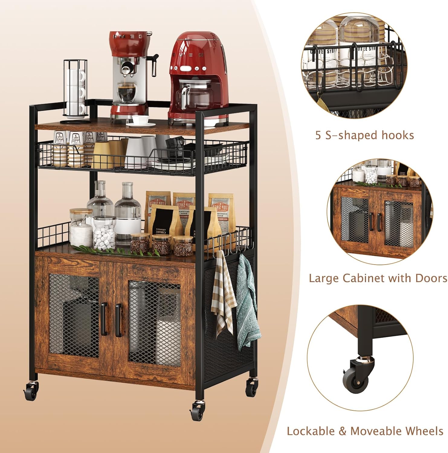 Rustic Brown Rolling Coffee Bar Cabinet