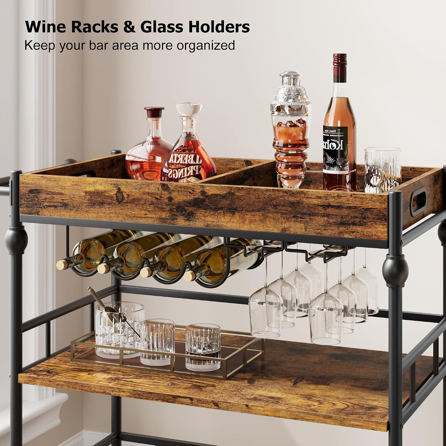 Rustic Brown Rolling Bar Cart