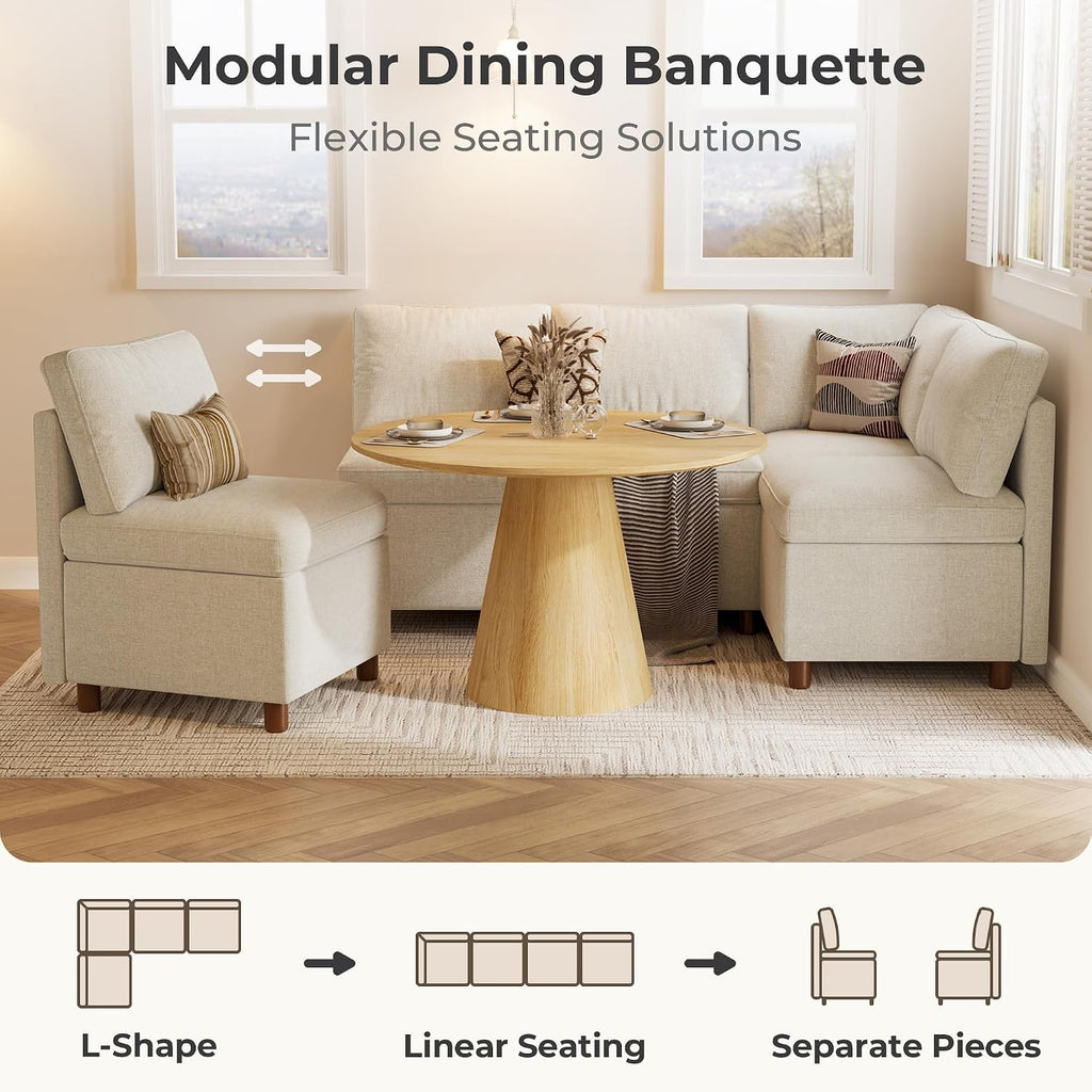 Beige Fabric 4-Seat L-Shaped Dining Nook Set