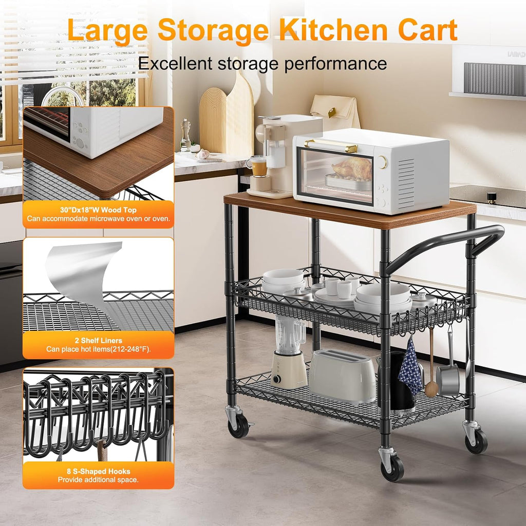 Black Wood Top Rolling Kitchen Cart