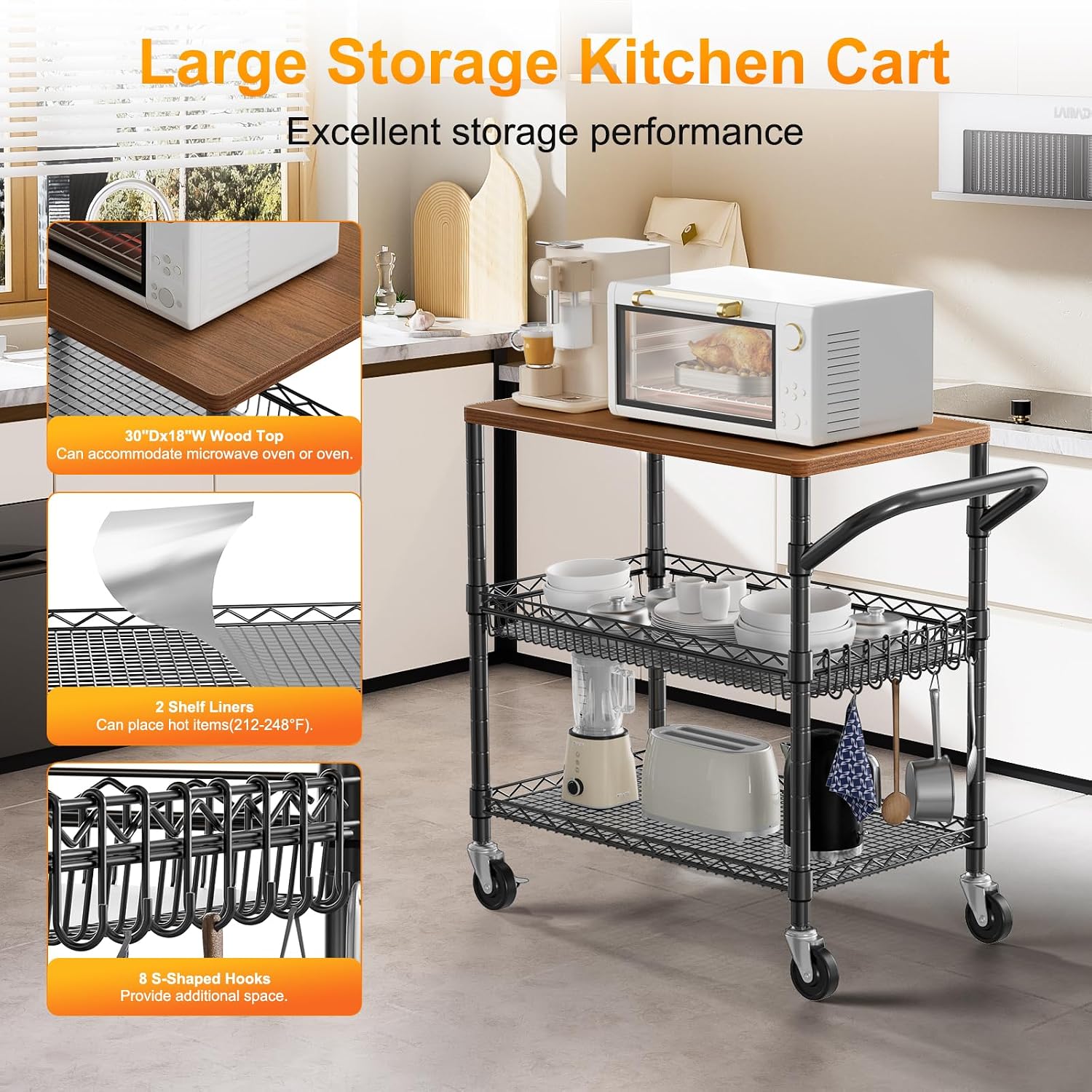 Black Wood Top Rolling Kitchen Cart