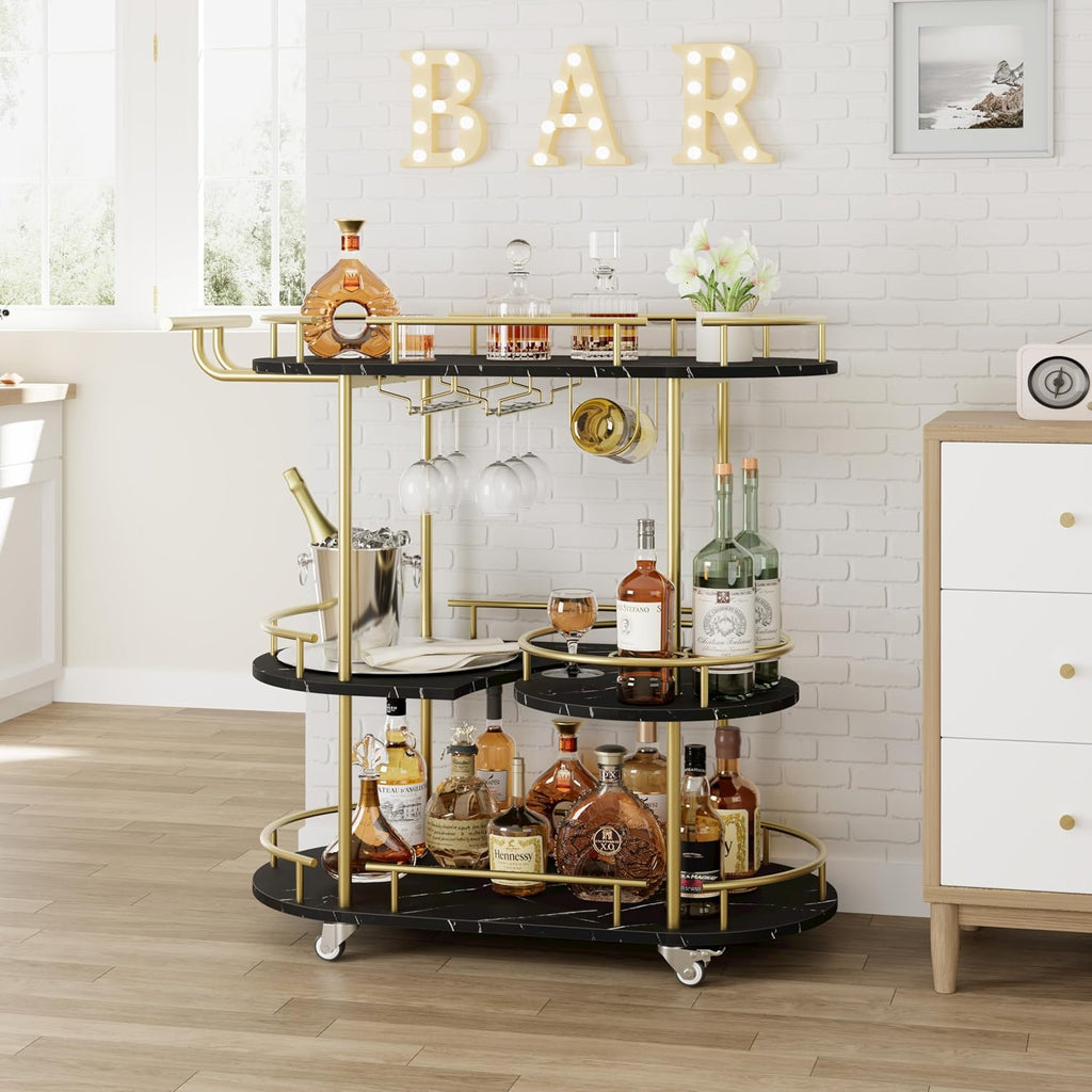 Gold Black 3-Tier Rolling Bar Cart