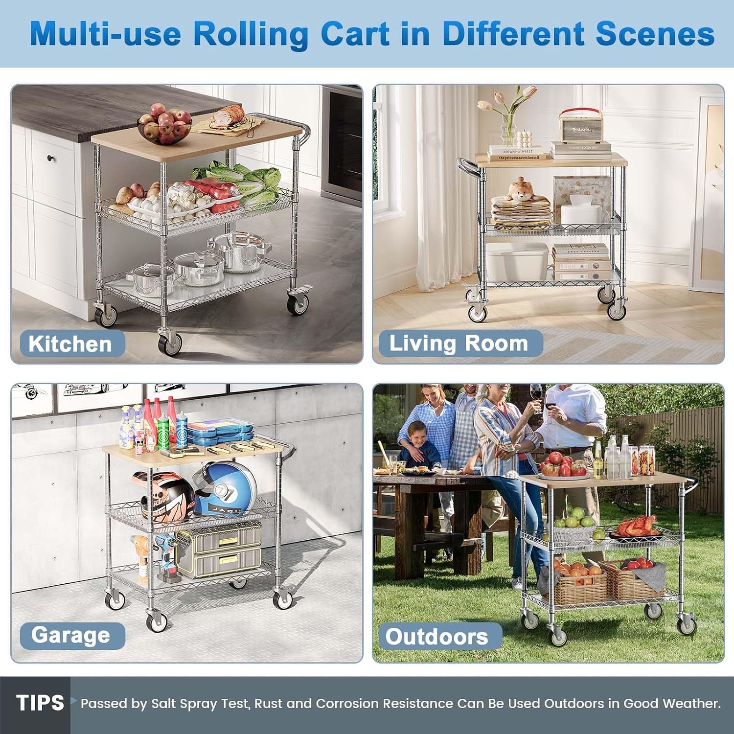 Chrome Rolling 3-Tier Kitchen Cart