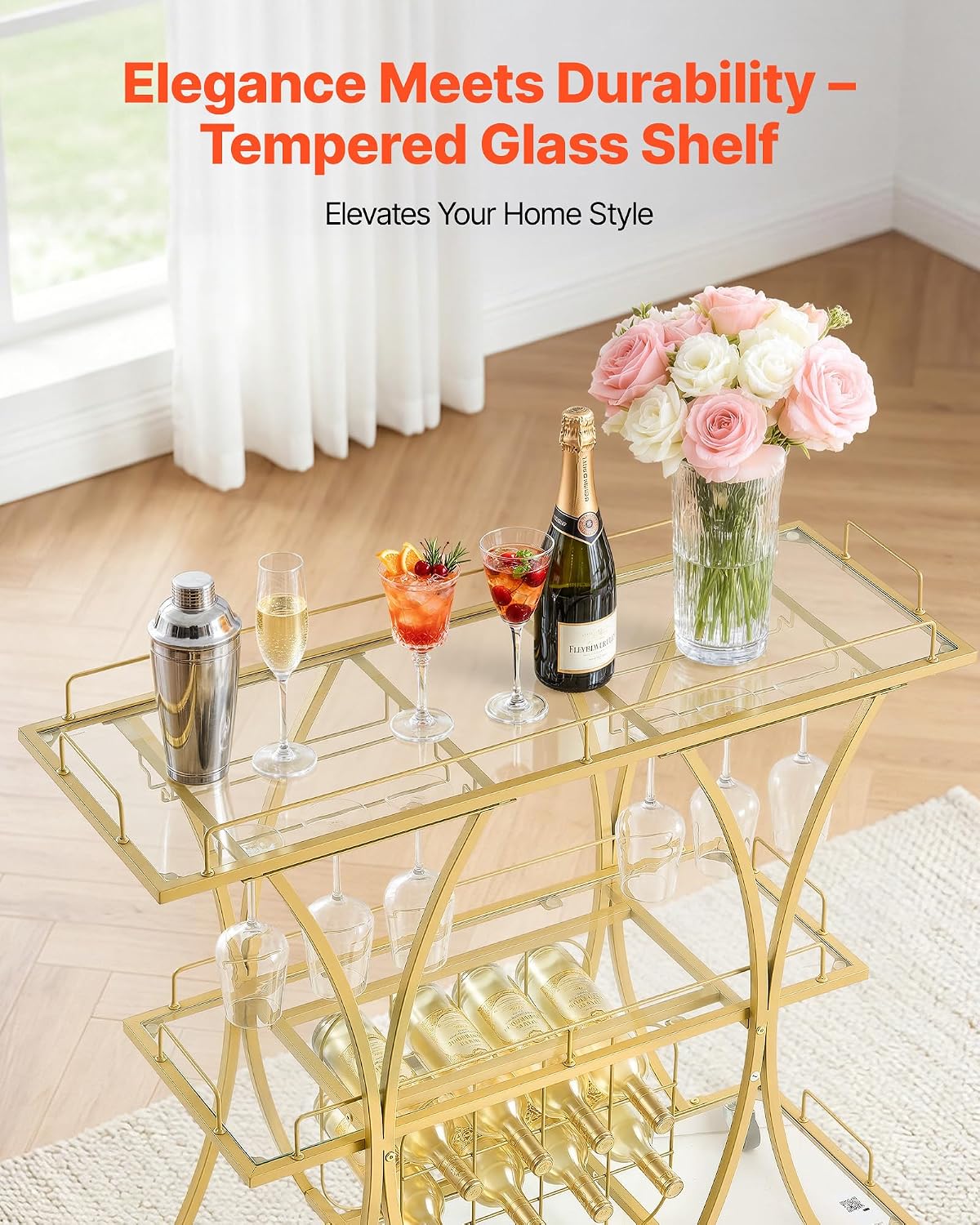 Gold Glass Rolling 3-Tier Bar Cart