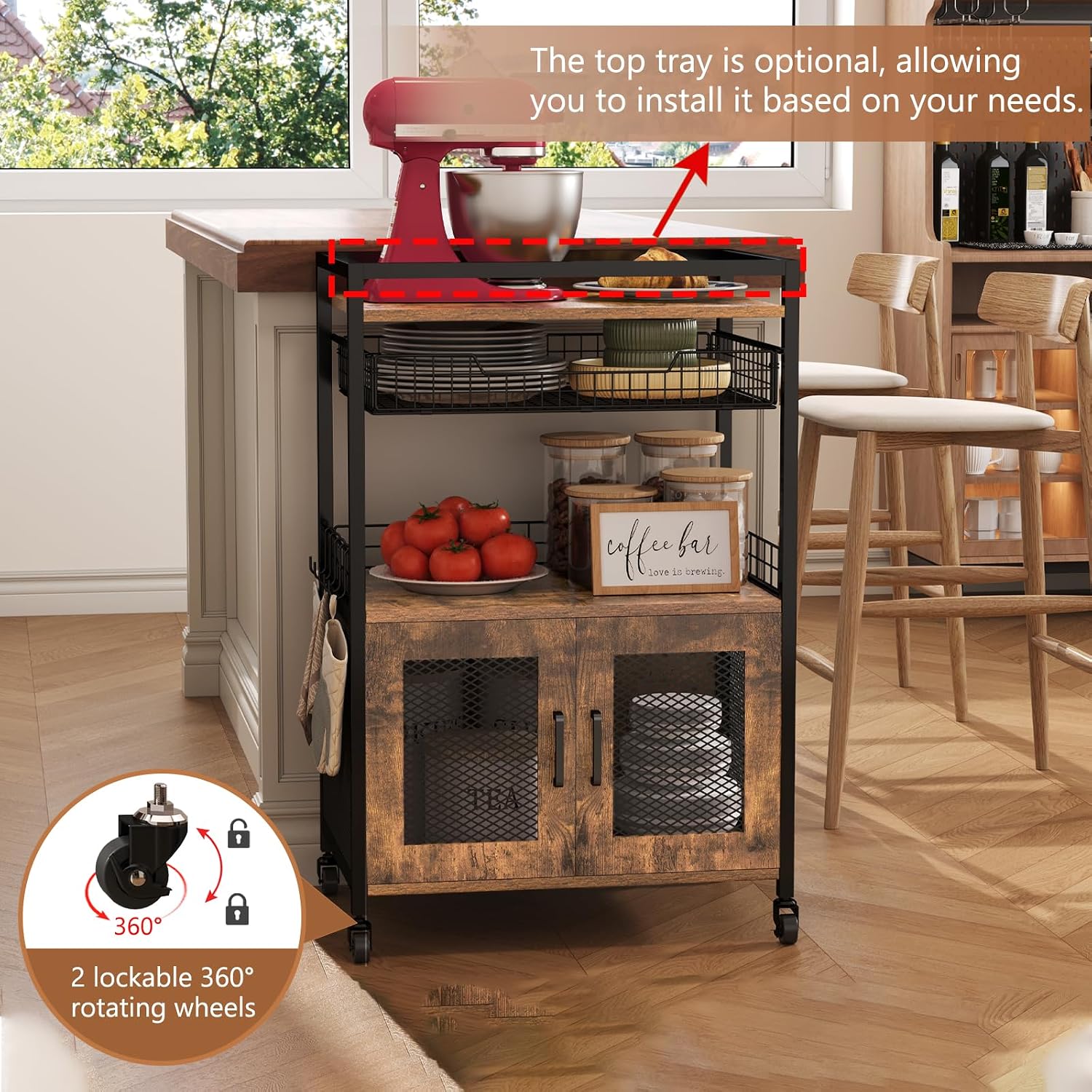 Rustic Brown Rolling Coffee Bar Cabinet