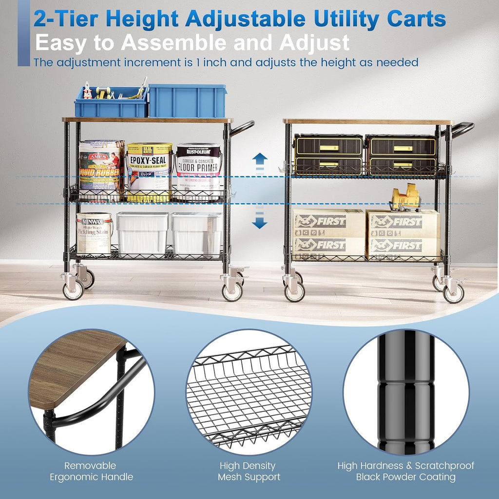 Black Wood Top Kitchen Rolling Cart