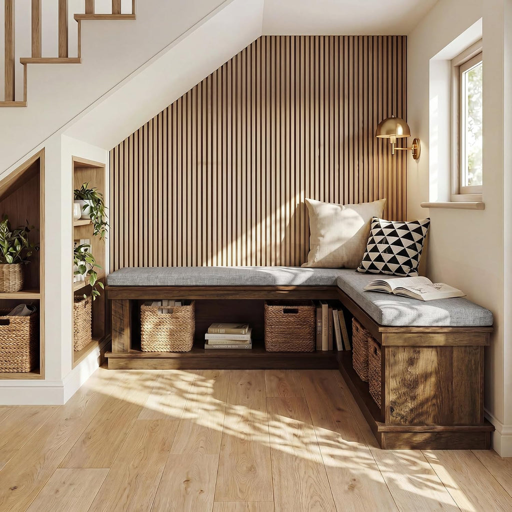 Rustic Brown Beige L-Shaped Storage Bench