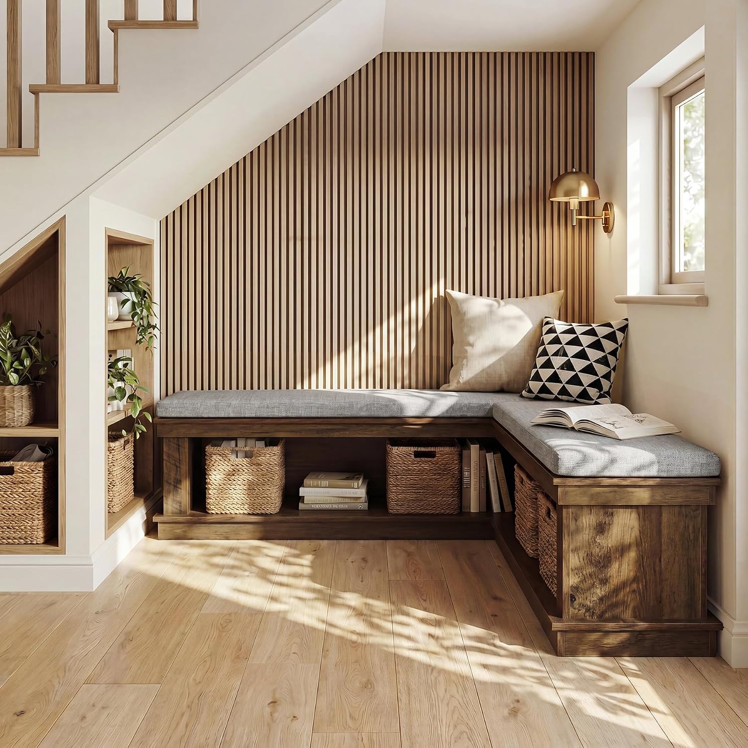 Rustic Brown Beige L-Shaped Storage Bench