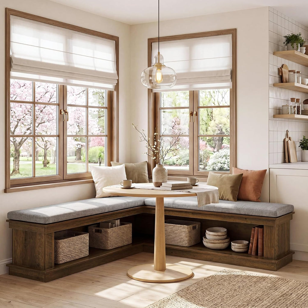 Rustic Brown Beige L-Shaped Storage Bench