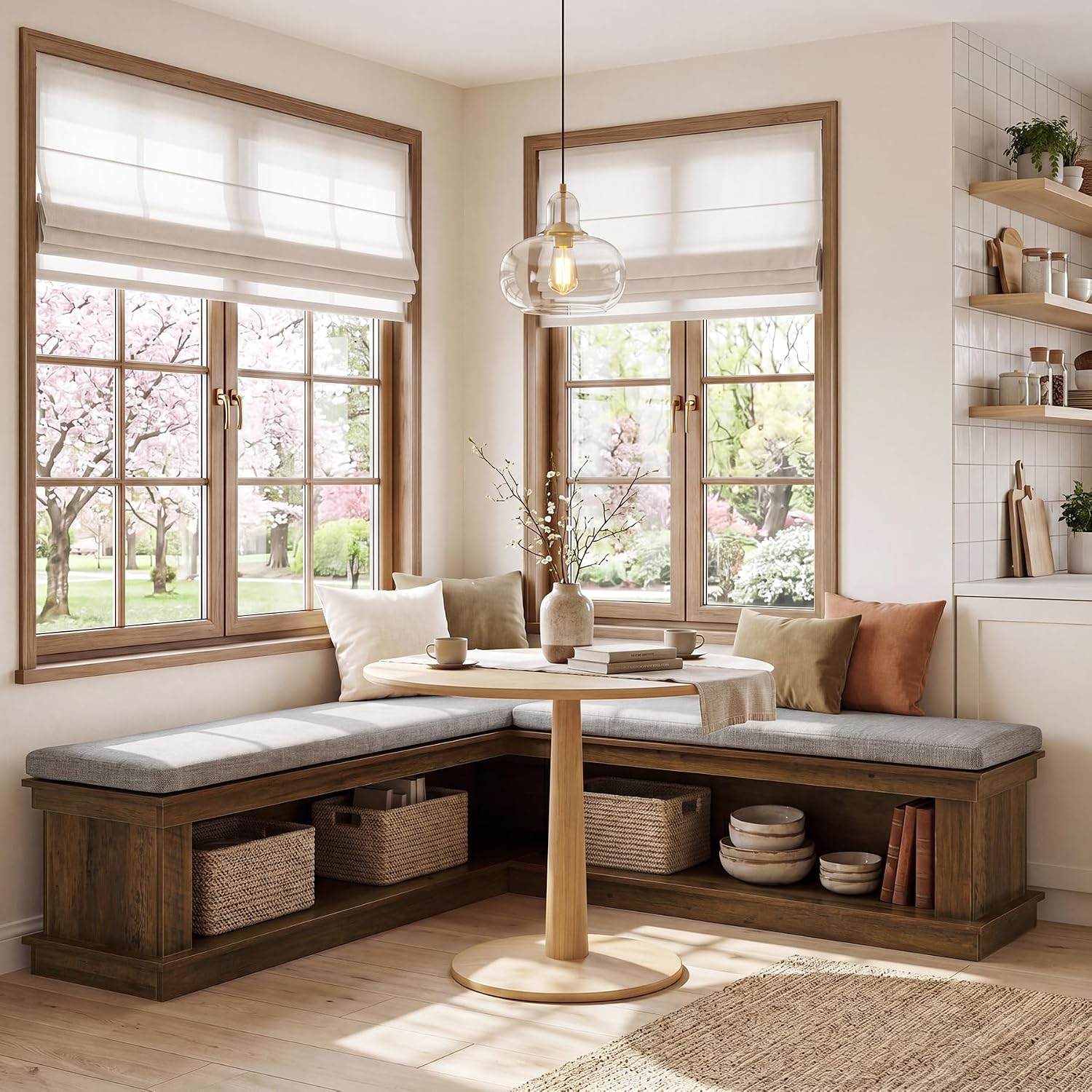 Rustic Brown Beige L-Shaped Storage Bench