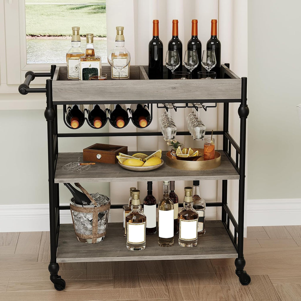 Grey Rolling 3-Tier Bar Cart