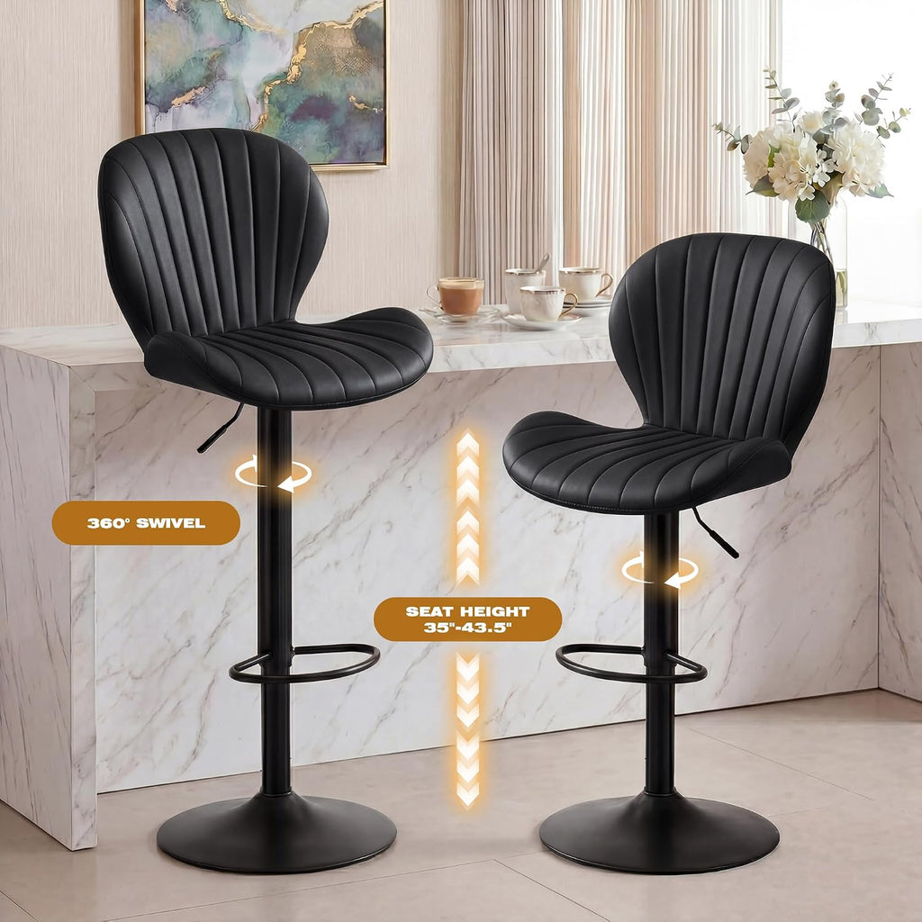 Black Adjustable Swivel Faux Leather Bar Stools Set of 2