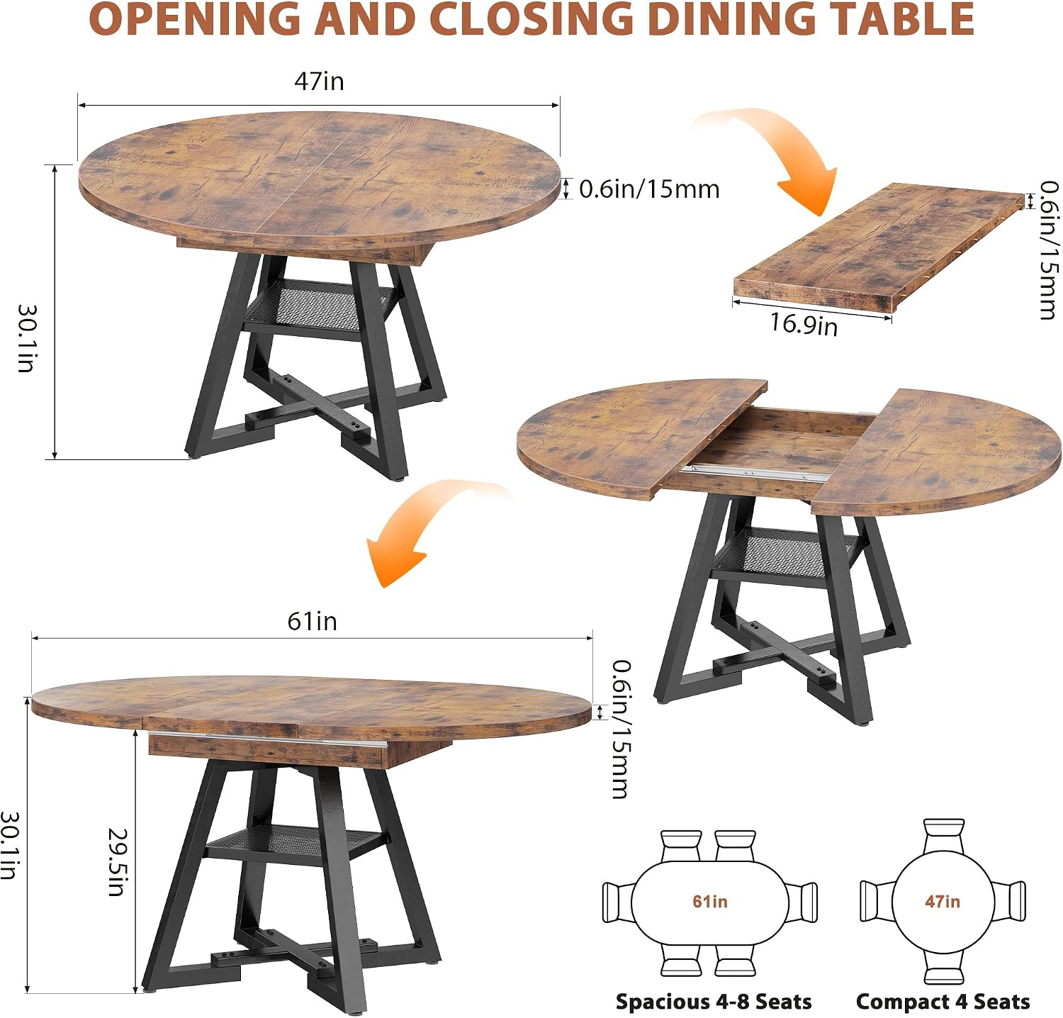 Vintage Extendable Round Oval Dining Table