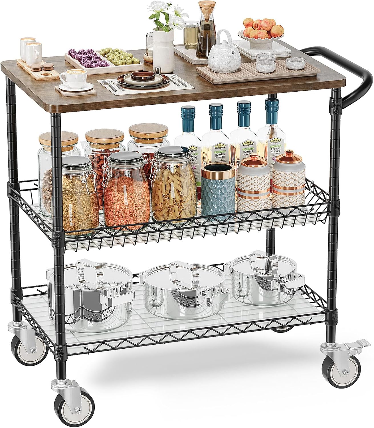 Black Wood Top Kitchen Rolling Cart