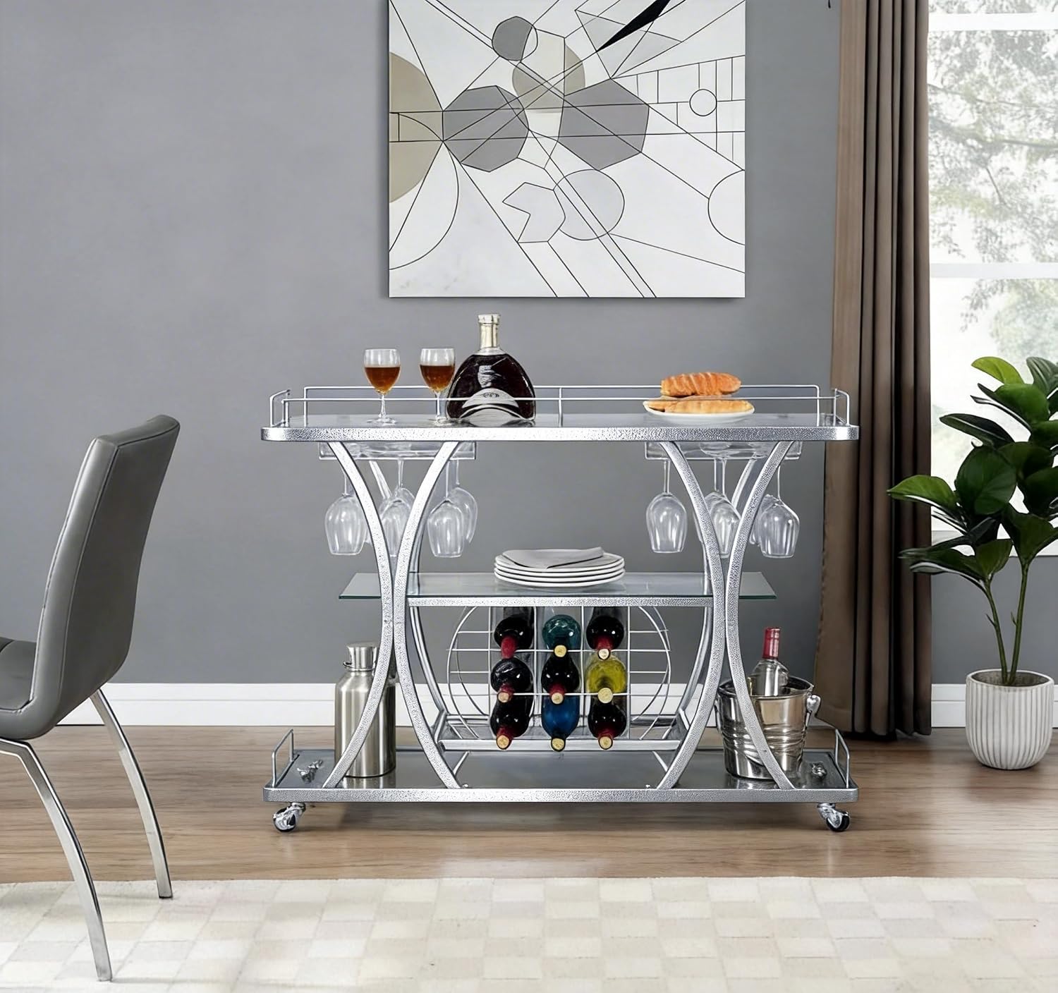 Silver Glass Rolling Bar Cart