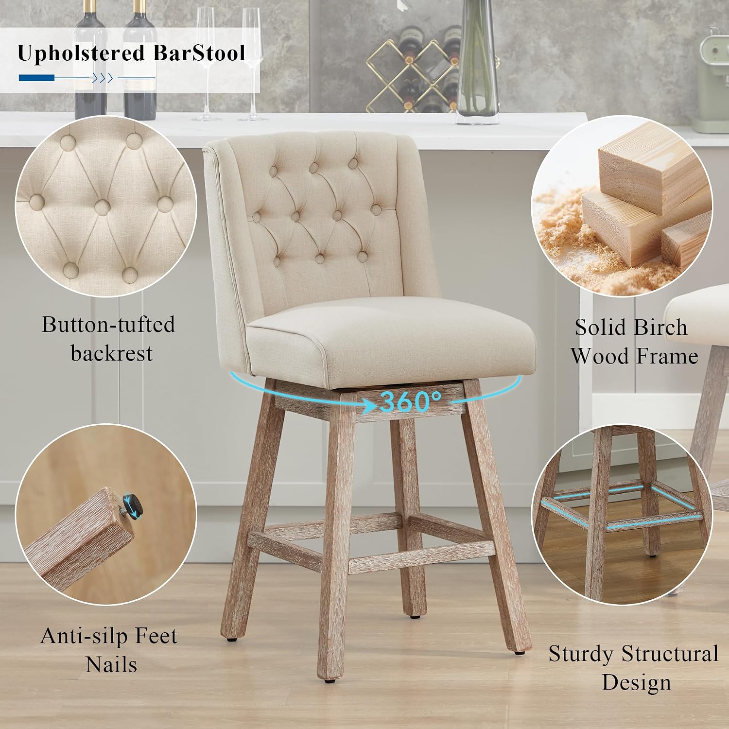 26" Linen Swivel Counter Height Bar Stools Set of 2