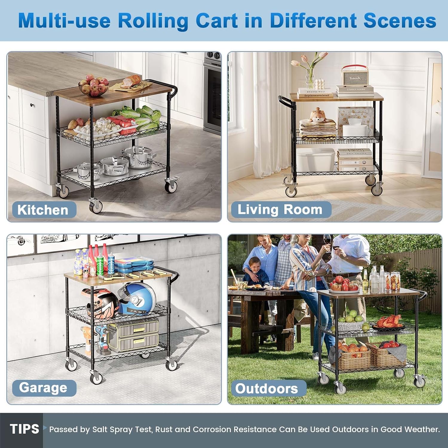 Black Wood Top Kitchen Rolling Cart