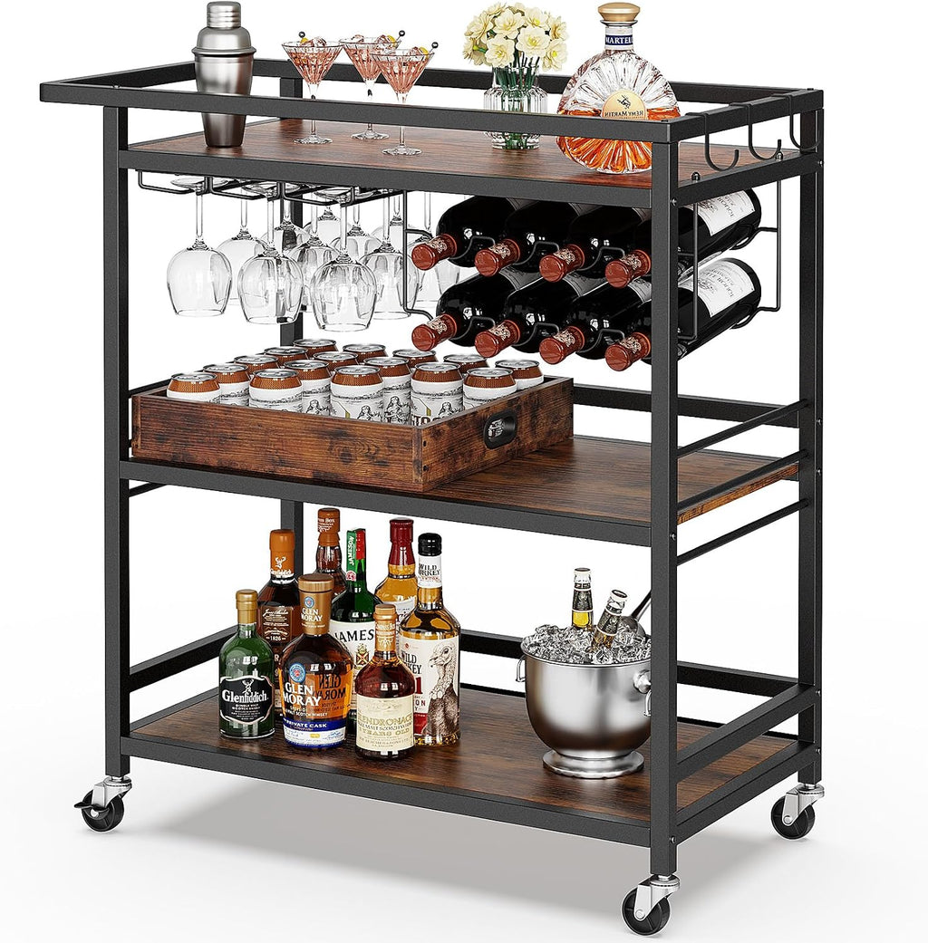 Black Brown 3-Tier Rolling Bar Cart
