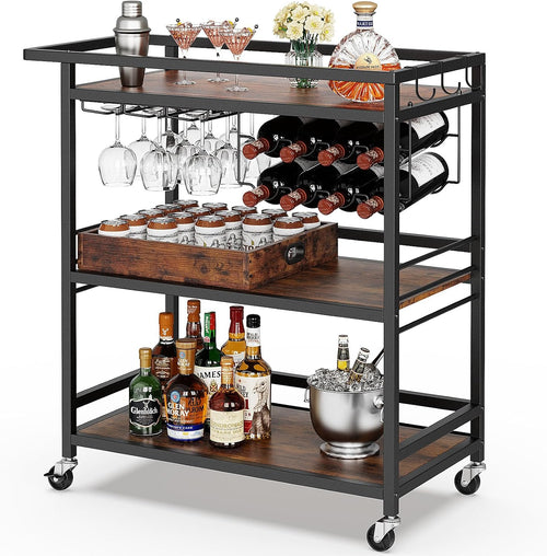 Black Brown 3-Tier Rolling Bar Cart