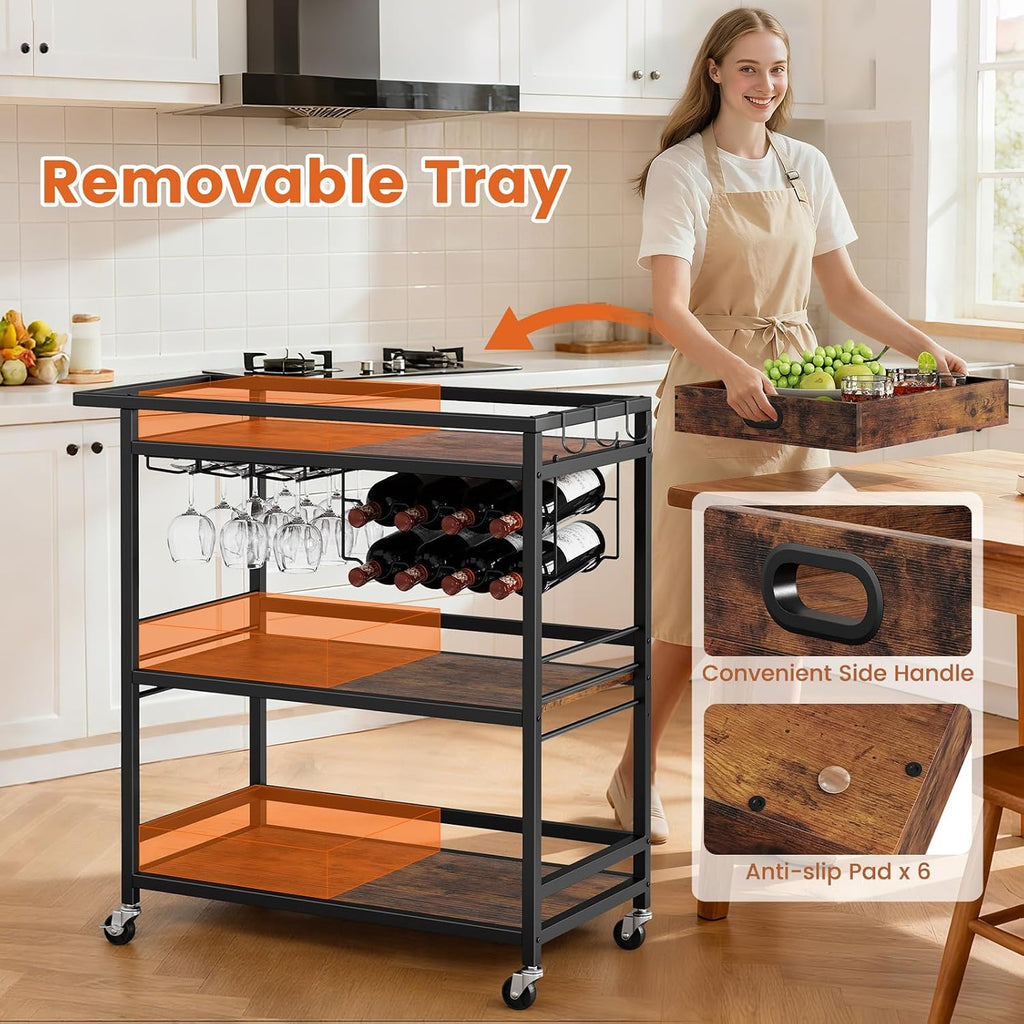 Black Brown 3-Tier Rolling Bar Cart