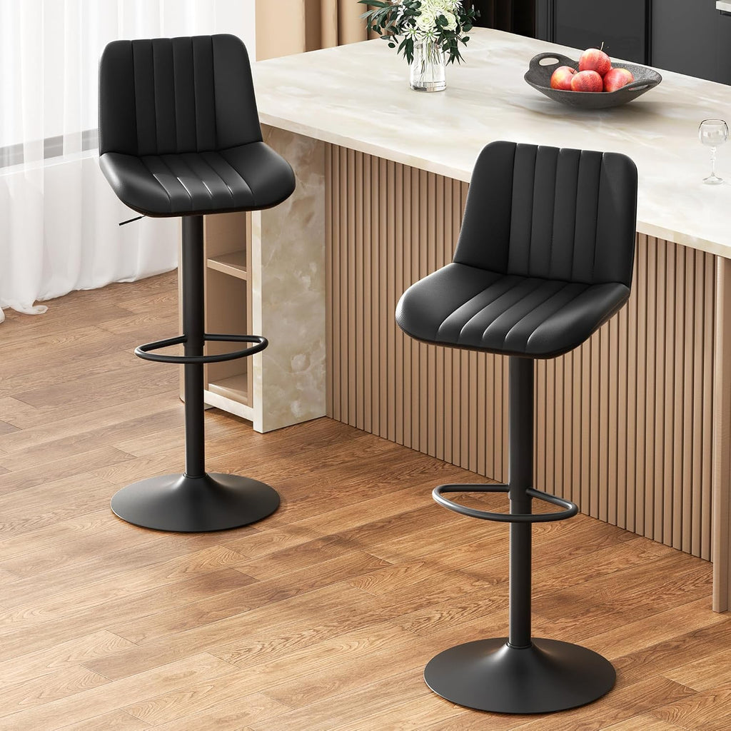 Black Adjustable Swivel Leather Bar Stools Set of 2