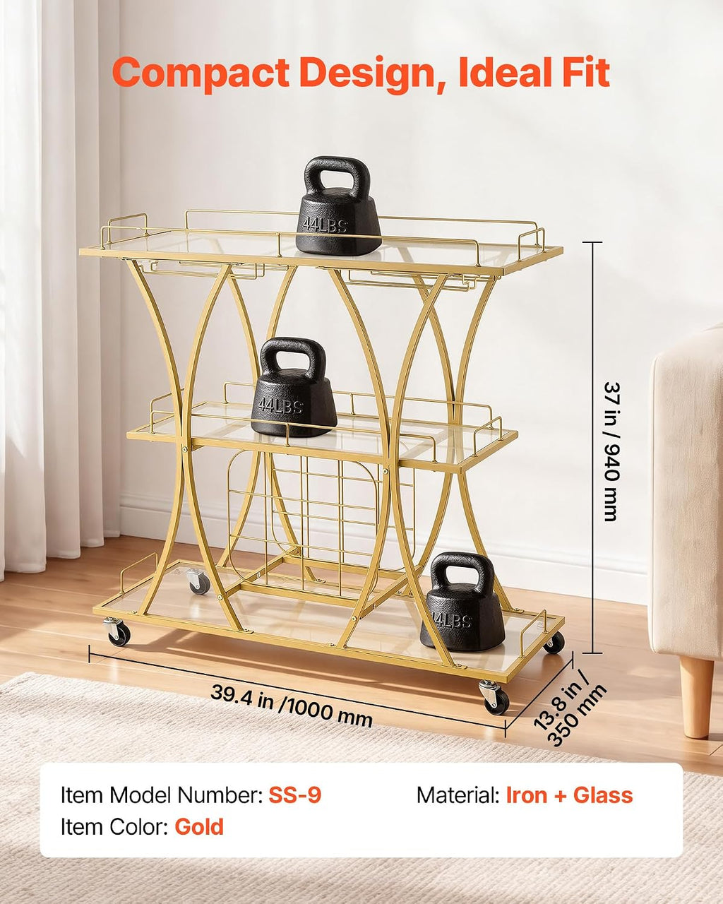 Gold Glass Rolling 3-Tier Bar Cart