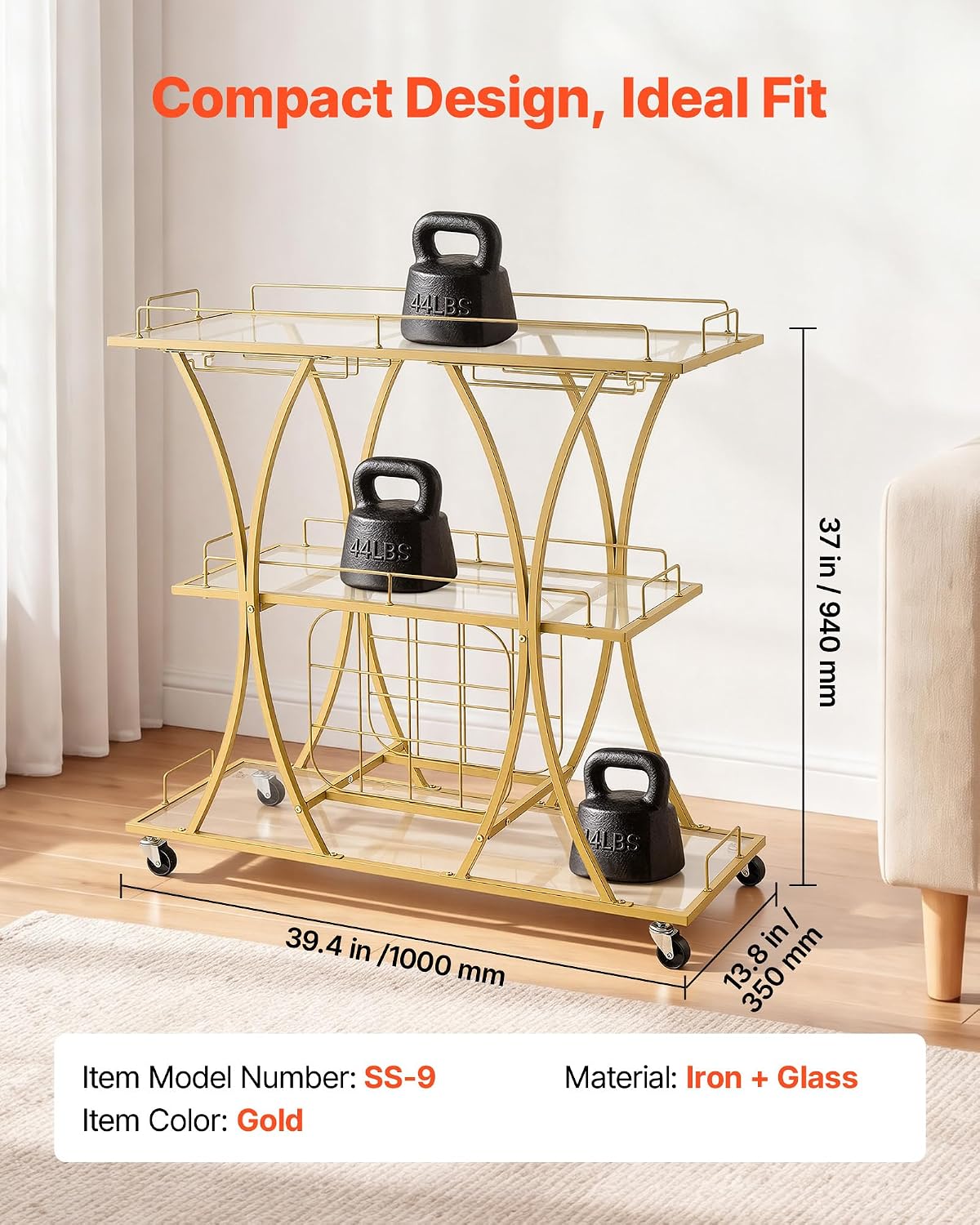 Gold Glass Rolling 3-Tier Bar Cart