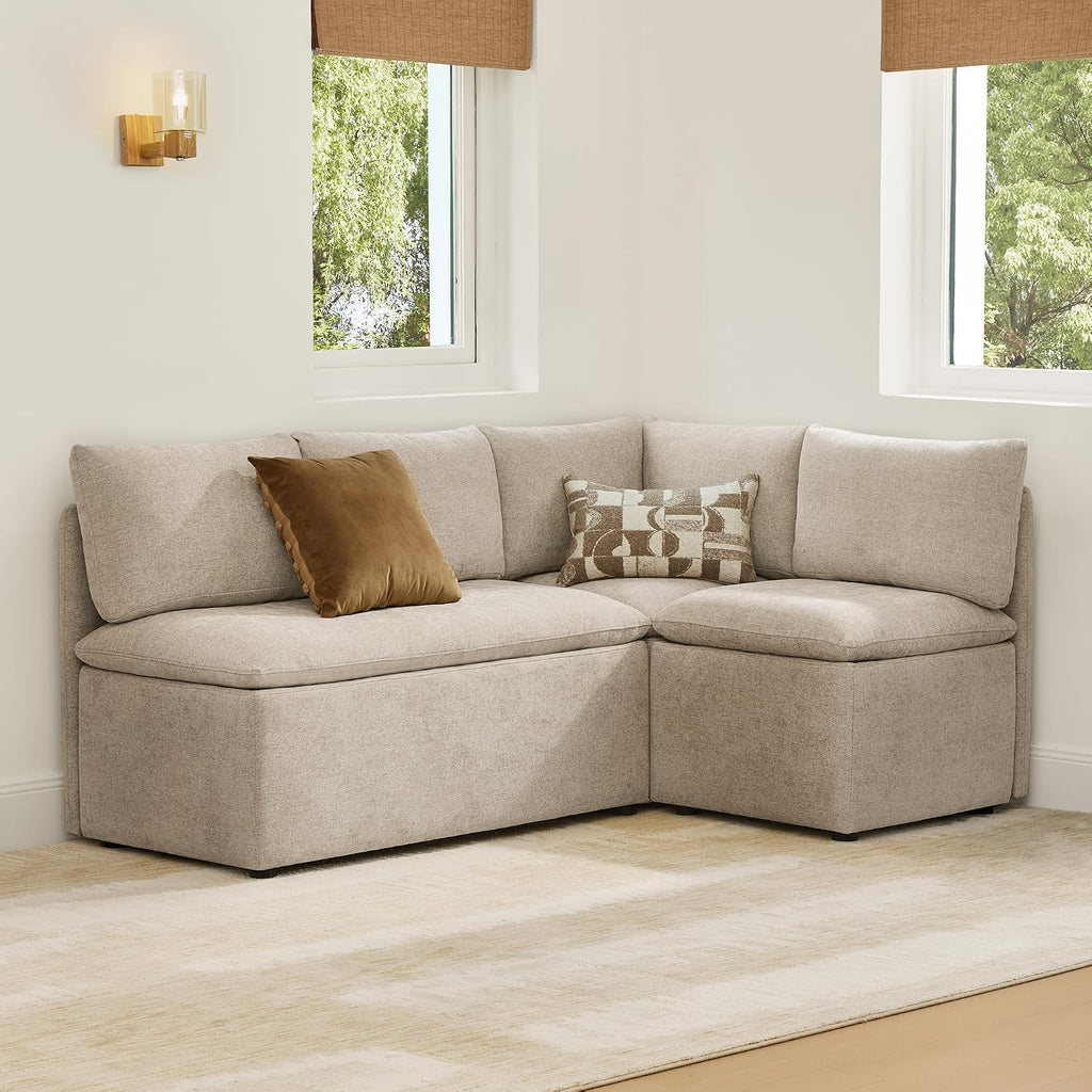 Khaki Fabric 4-Seat L-Shaped Storage Banquette