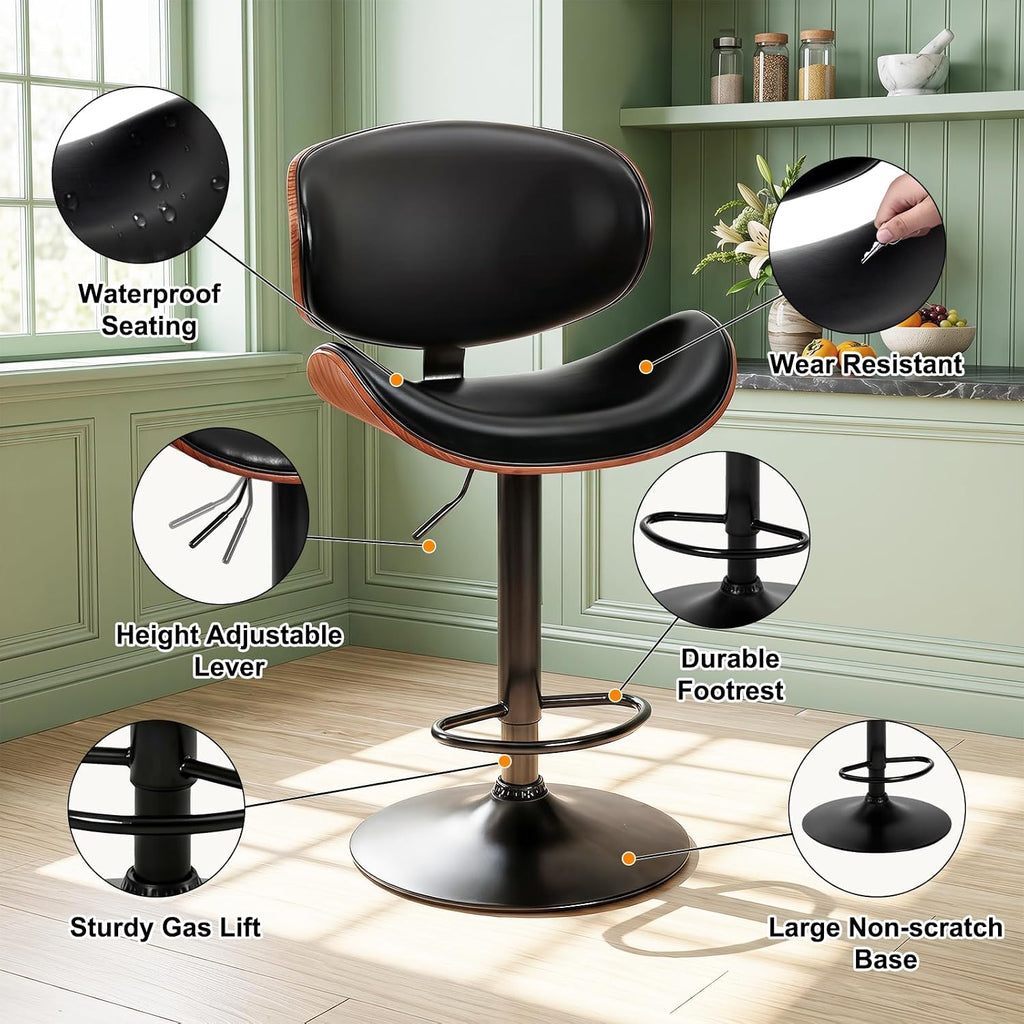 Black Adjustable Bentwood Swivel Bar Stools Set of 2