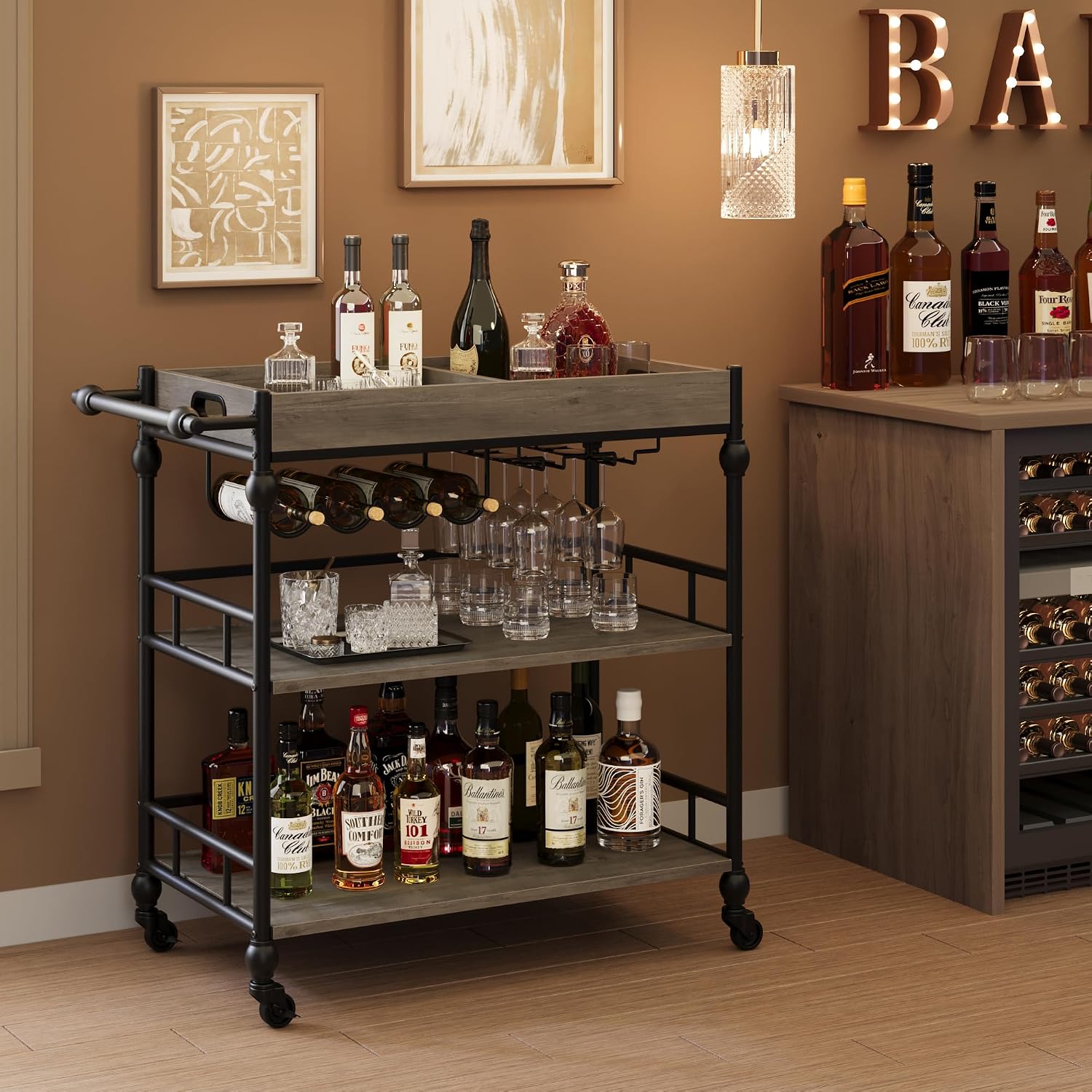 Grey Rolling 3-Tier Bar Cart
