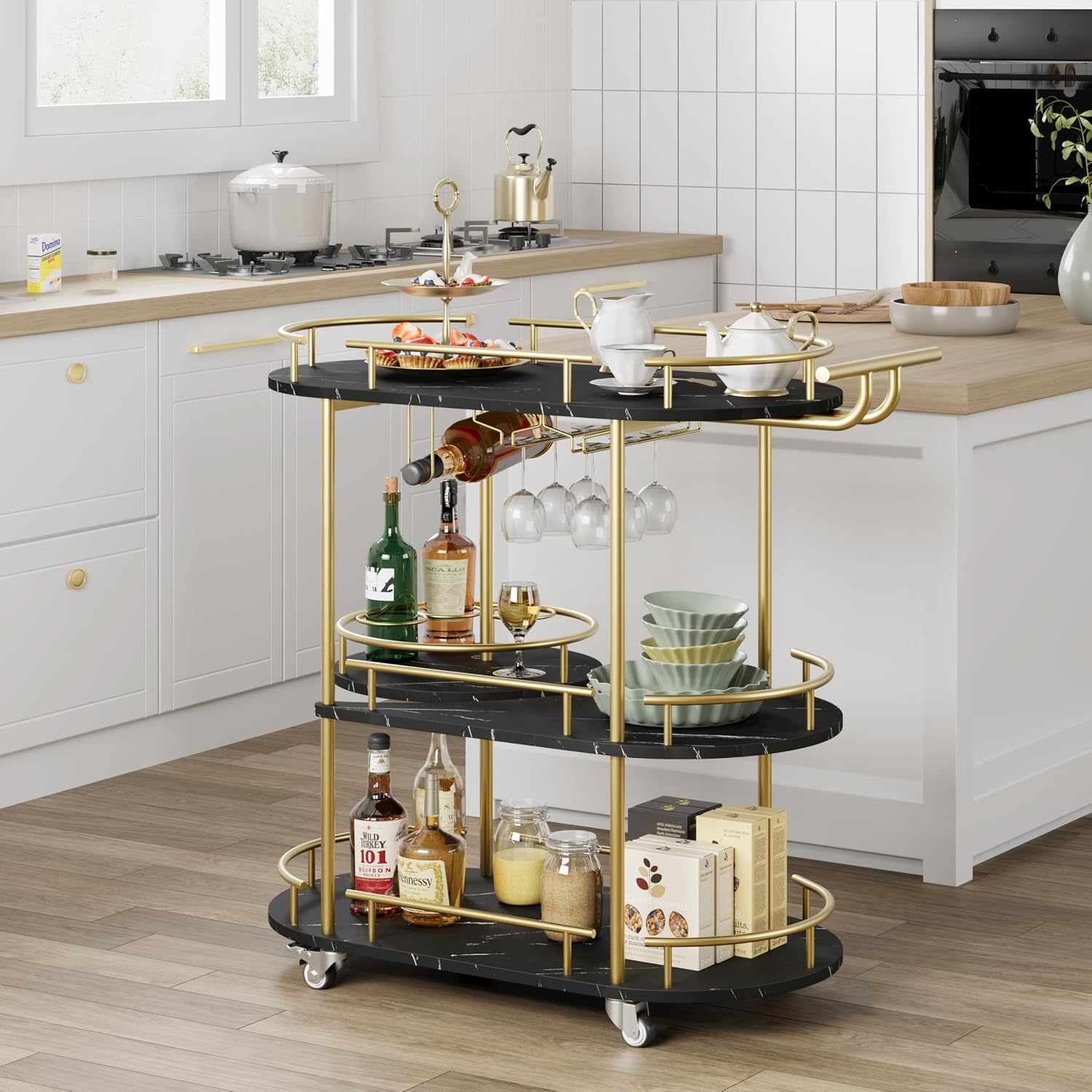 Gold Black 3-Tier Rolling Bar Cart