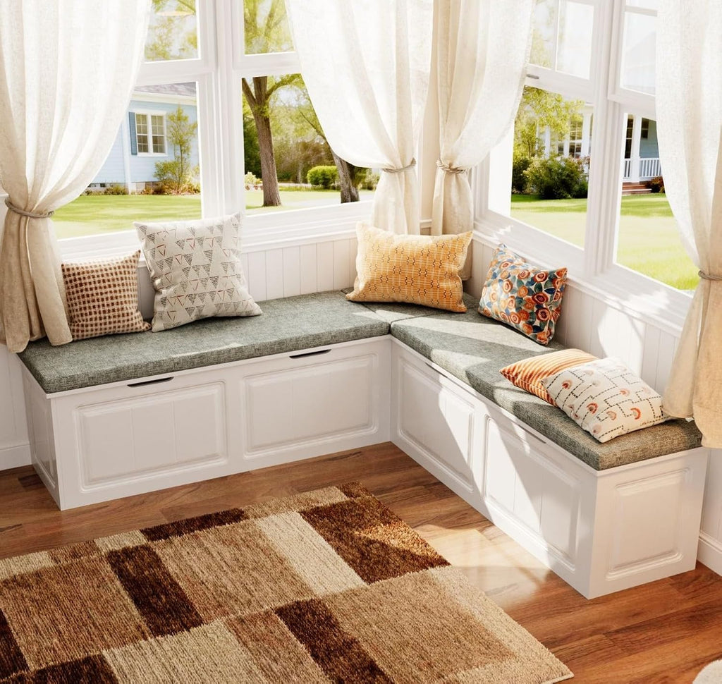 White Grey L-Shaped Storage Corner Bench
