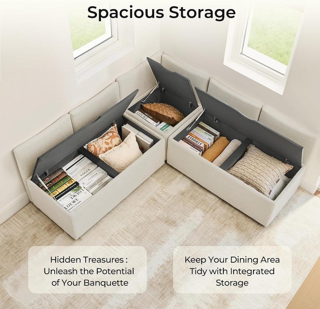 Khaki Fabric 4-Seat L-Shaped Storage Banquette