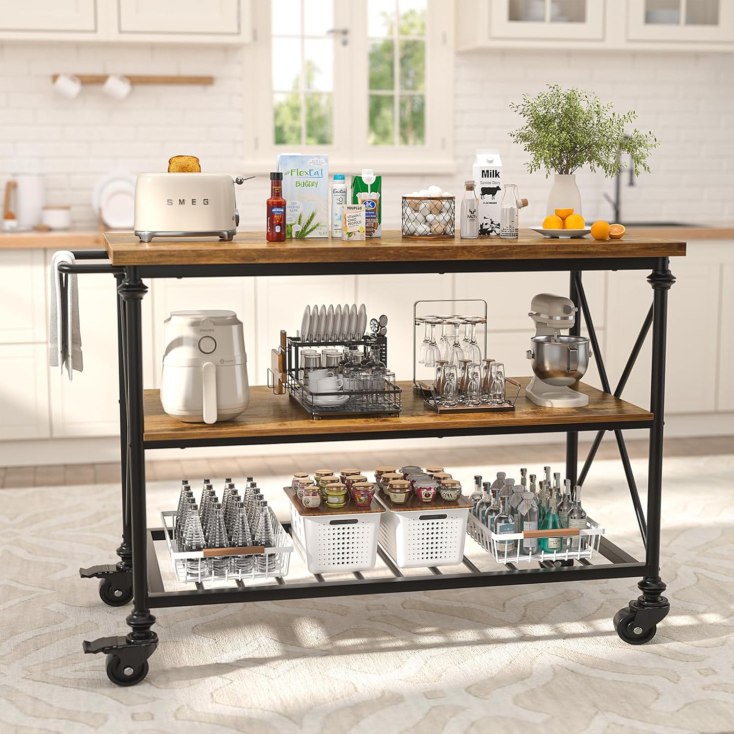 Rustic Brown Rolling Kitchen Island Cart