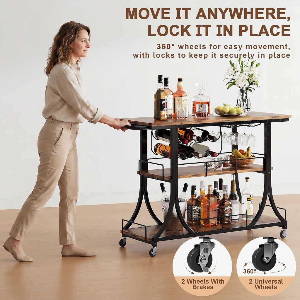 Rustic Wood Farmhouse Rolling Bar Cart