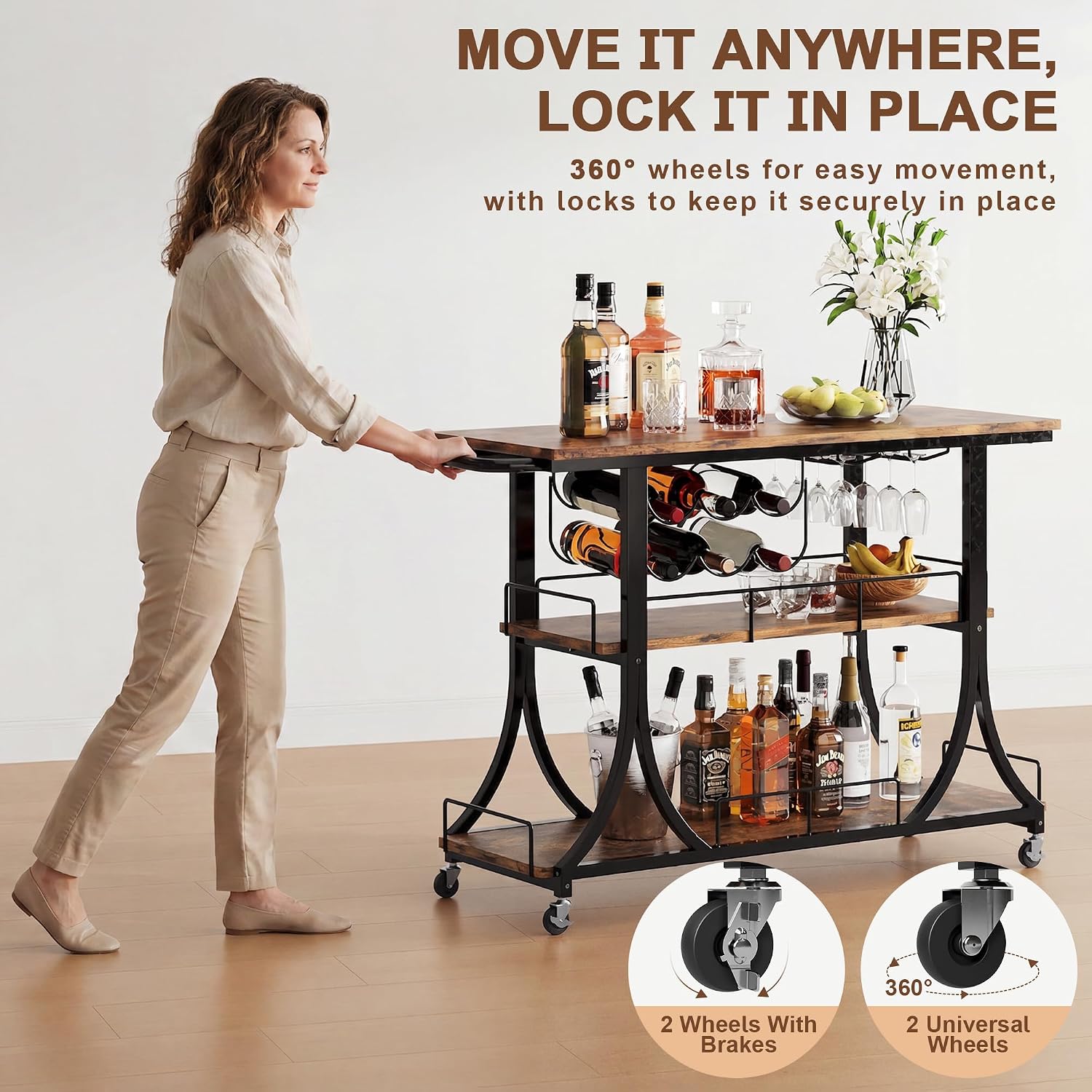 Rustic Wood Farmhouse Rolling Bar Cart