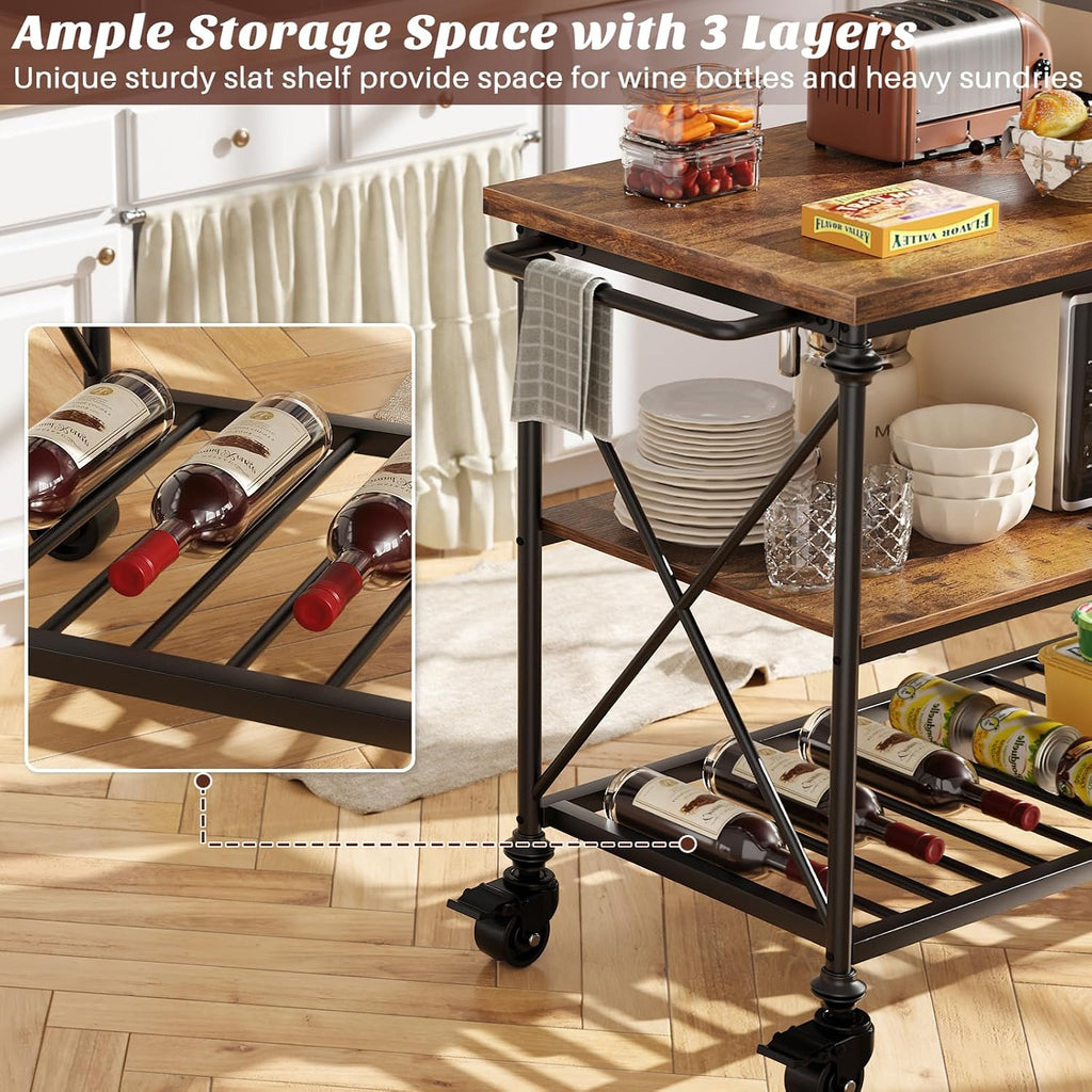Rustic Brown Rolling Kitchen Island Cart