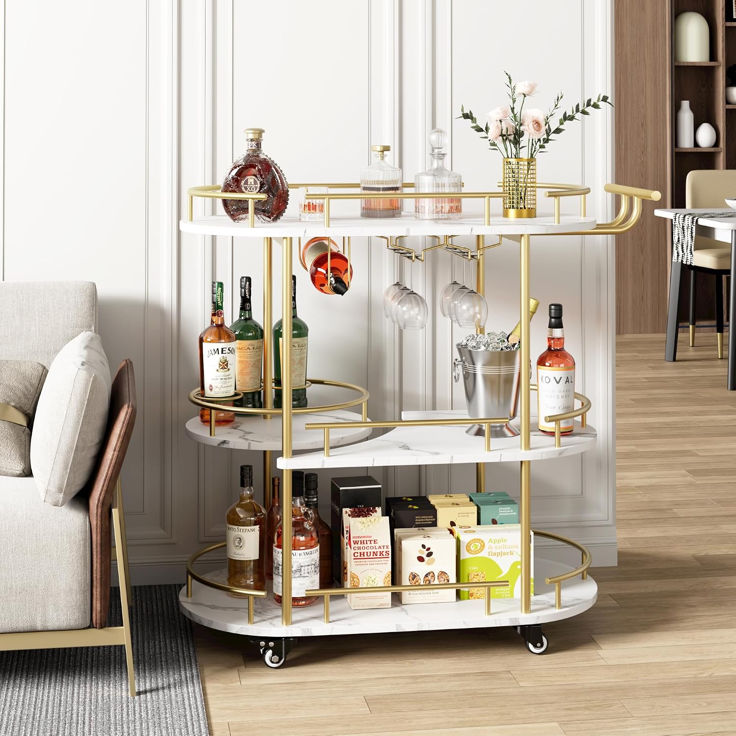 Gold White 3-Tier Rolling Bar Cart