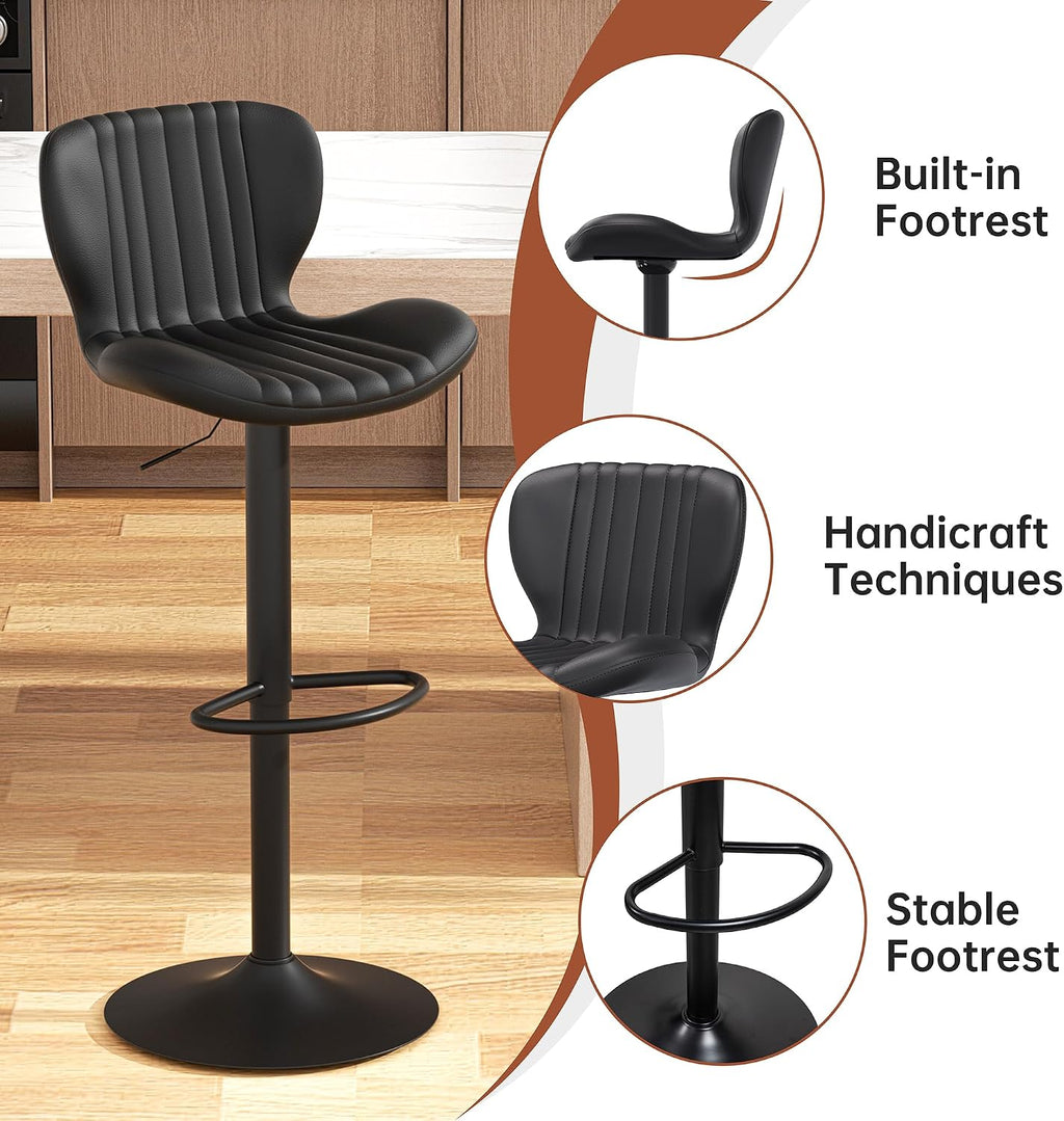 Black Adjustable Leather Bar Stools Set of 2