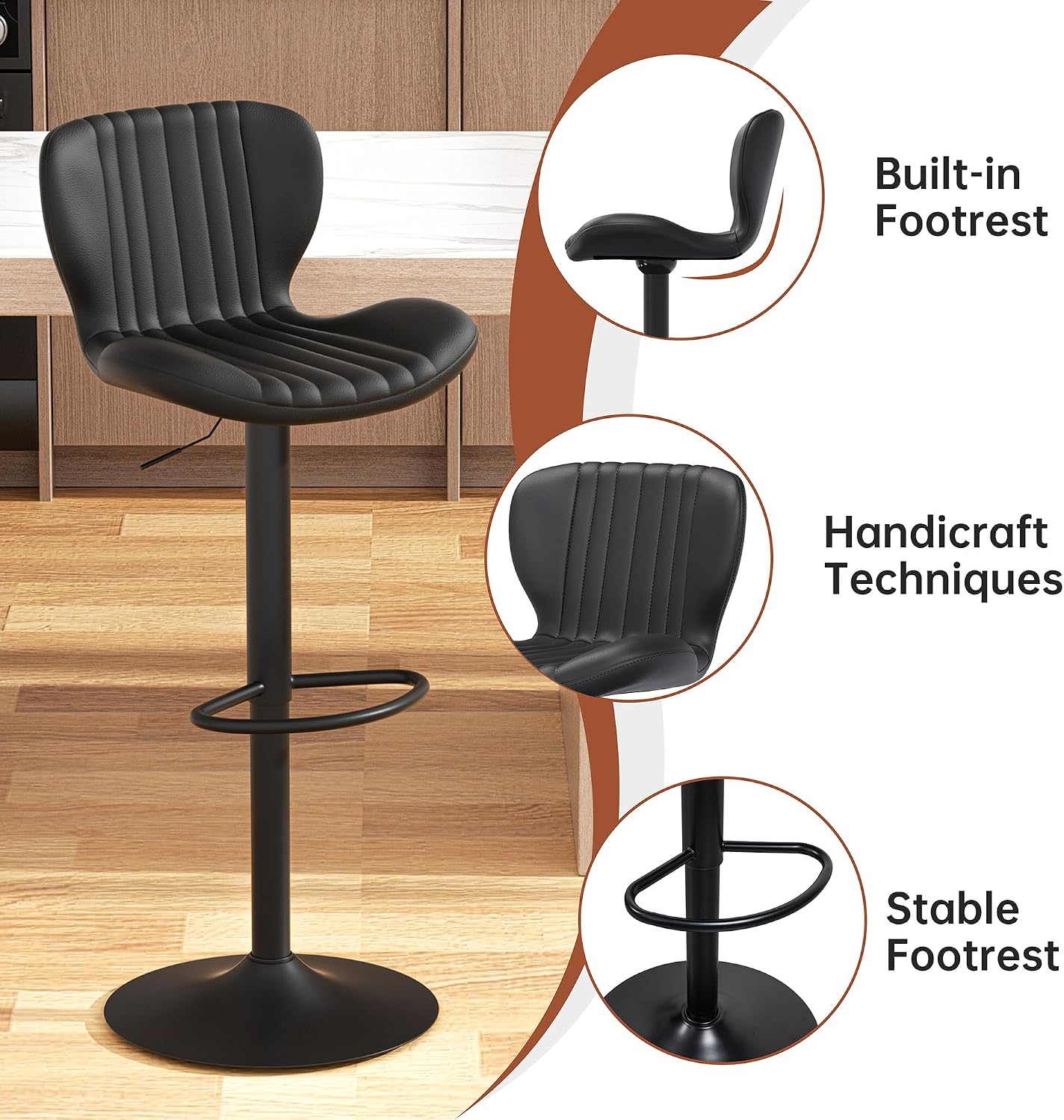 Black Adjustable Leather Bar Stools Set of 2