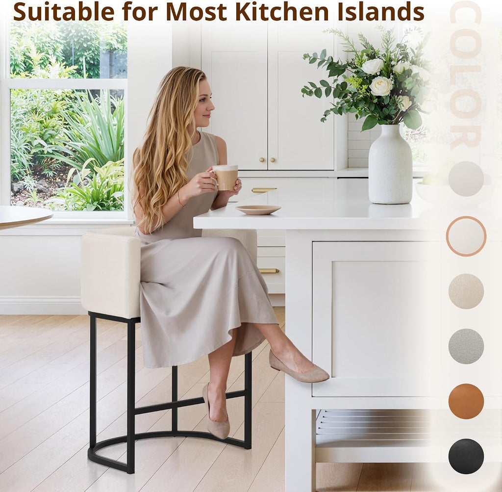 Beige Linen Barrel Counter Stools Set of 3